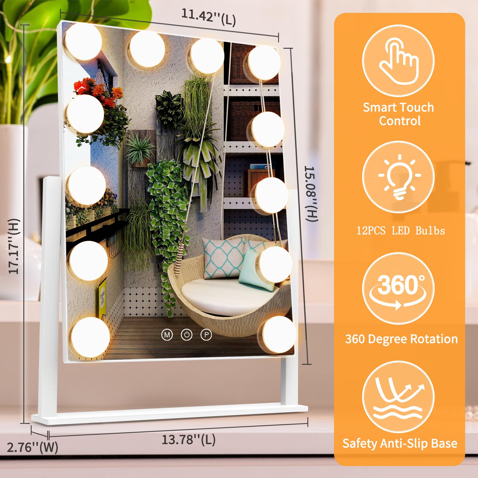 Vanity Mirror With Lights, Hollywood Lighted Makeup Mirror With 3 Color Lighting Modes And 12 Dimmable Bulbs, Detachable 5X Magn