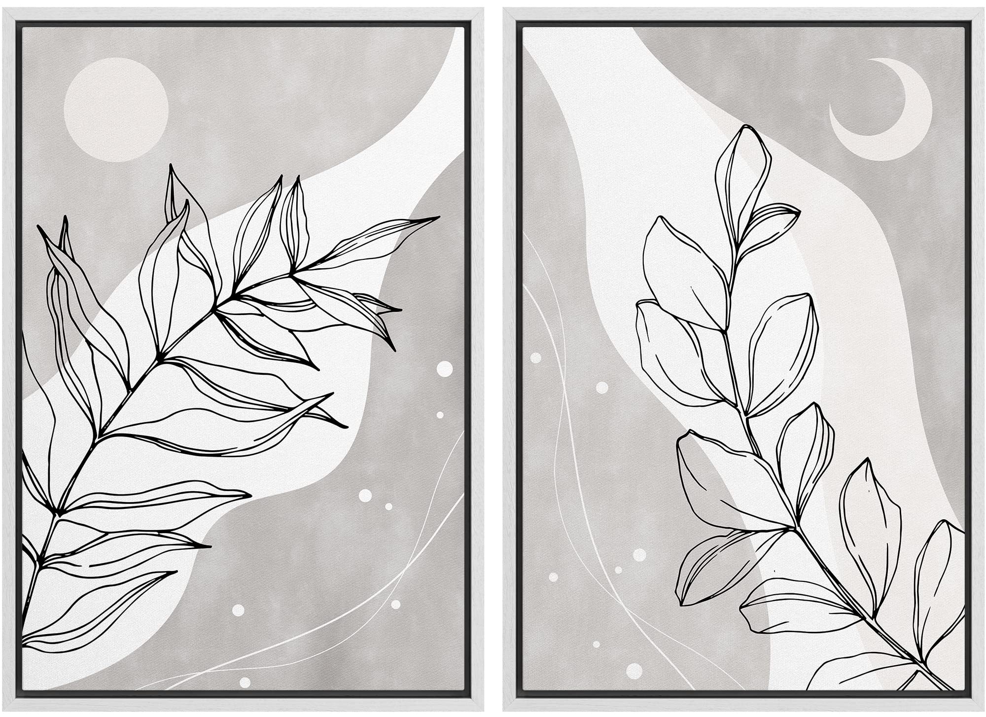 Signford Framed Wall Art Print Set Retro Black White Sun Moon Forest Leaves Floral Nature Illustrations Modern Minimalist Relax/