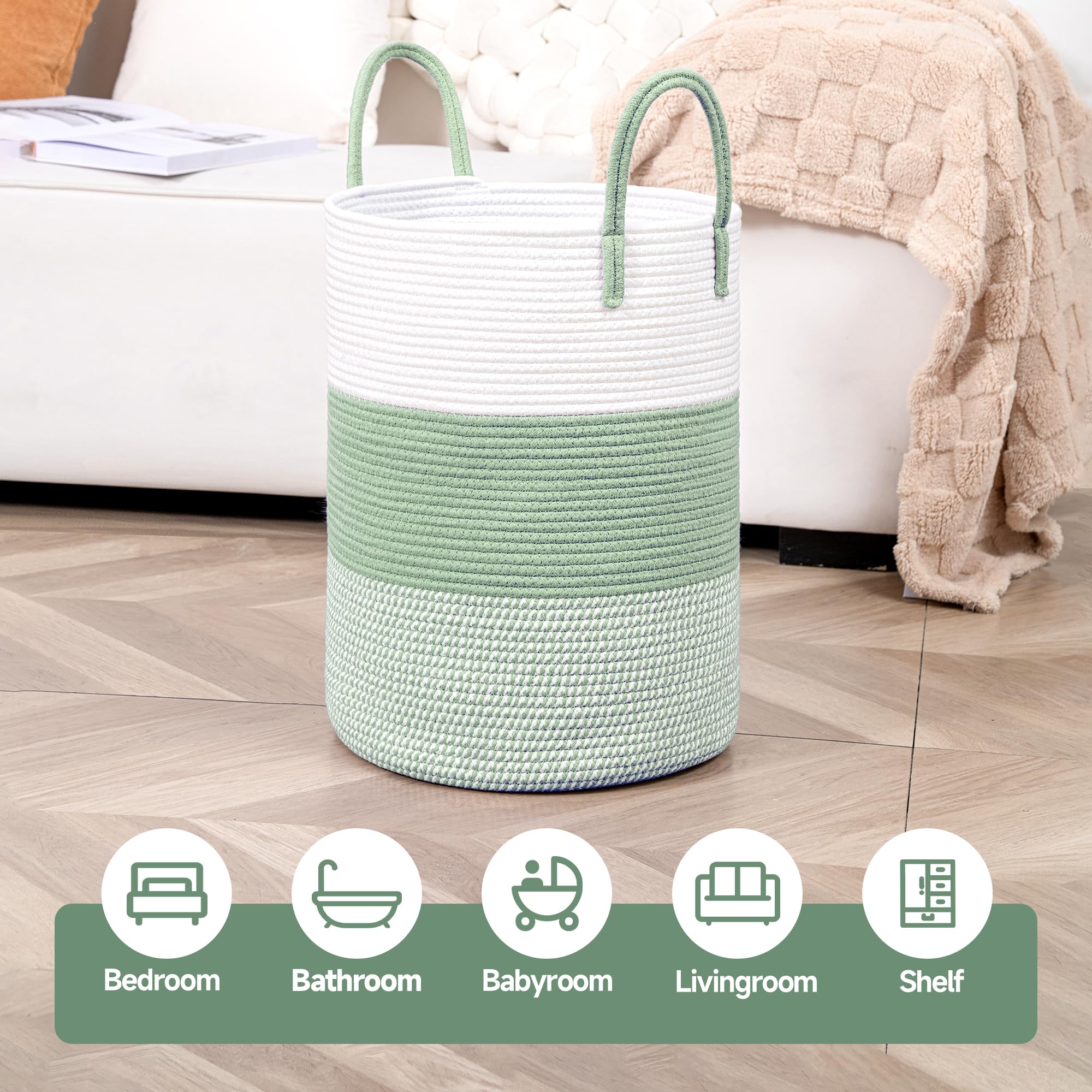 Clhmily&Z 40L Laundry Basket Round Storage Rope Basket - 13X18 Inches - Green Hamper In Bedreoom And Cute Storage Bin For Blanke
