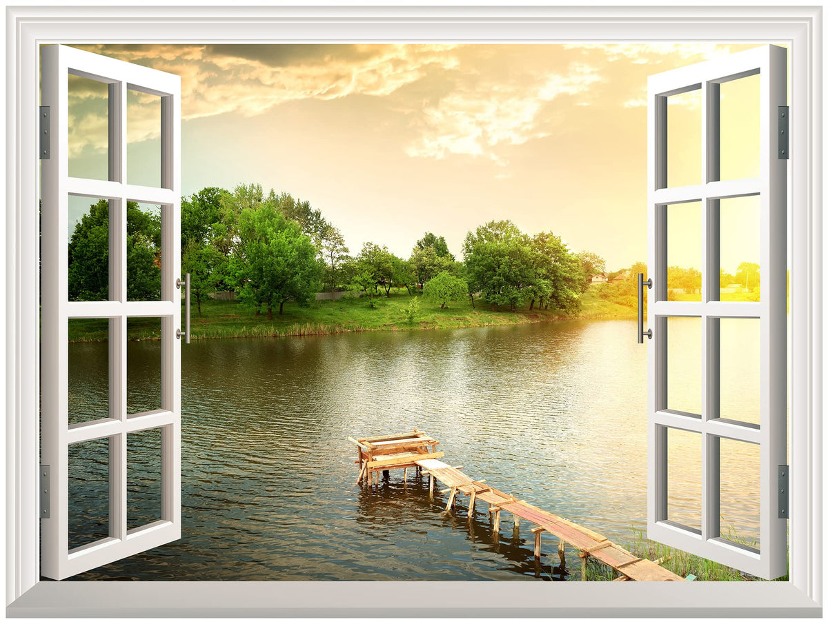Wall26 Removable Wall Sticker/Wall Mural - A Small Wood Pier For Fishing At A River | Creative Window View Wall Decor - 24 Inchx