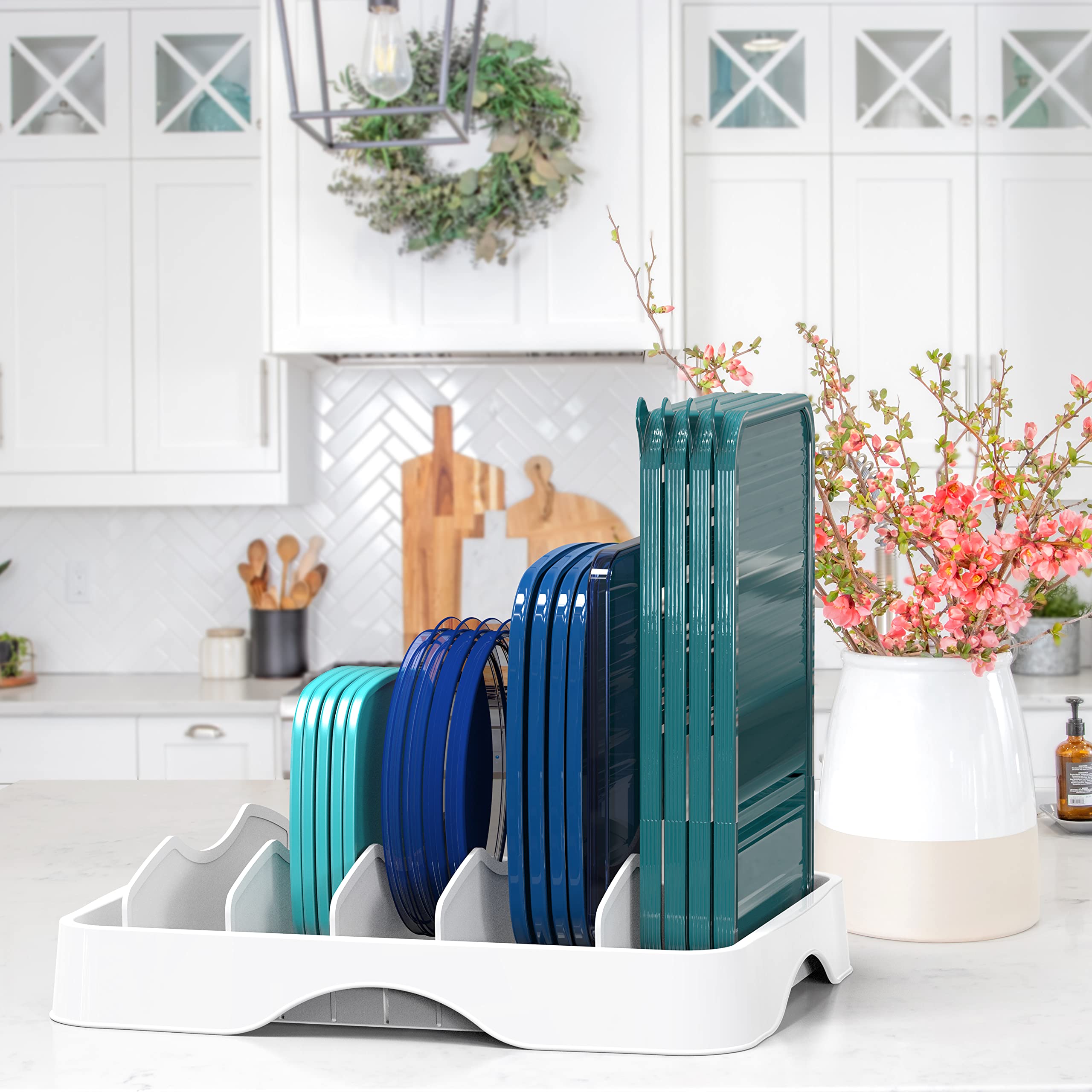 Simple Houseware Food Container Lids Storage Organizer With Adjustable Dividers, 13''X10'', White