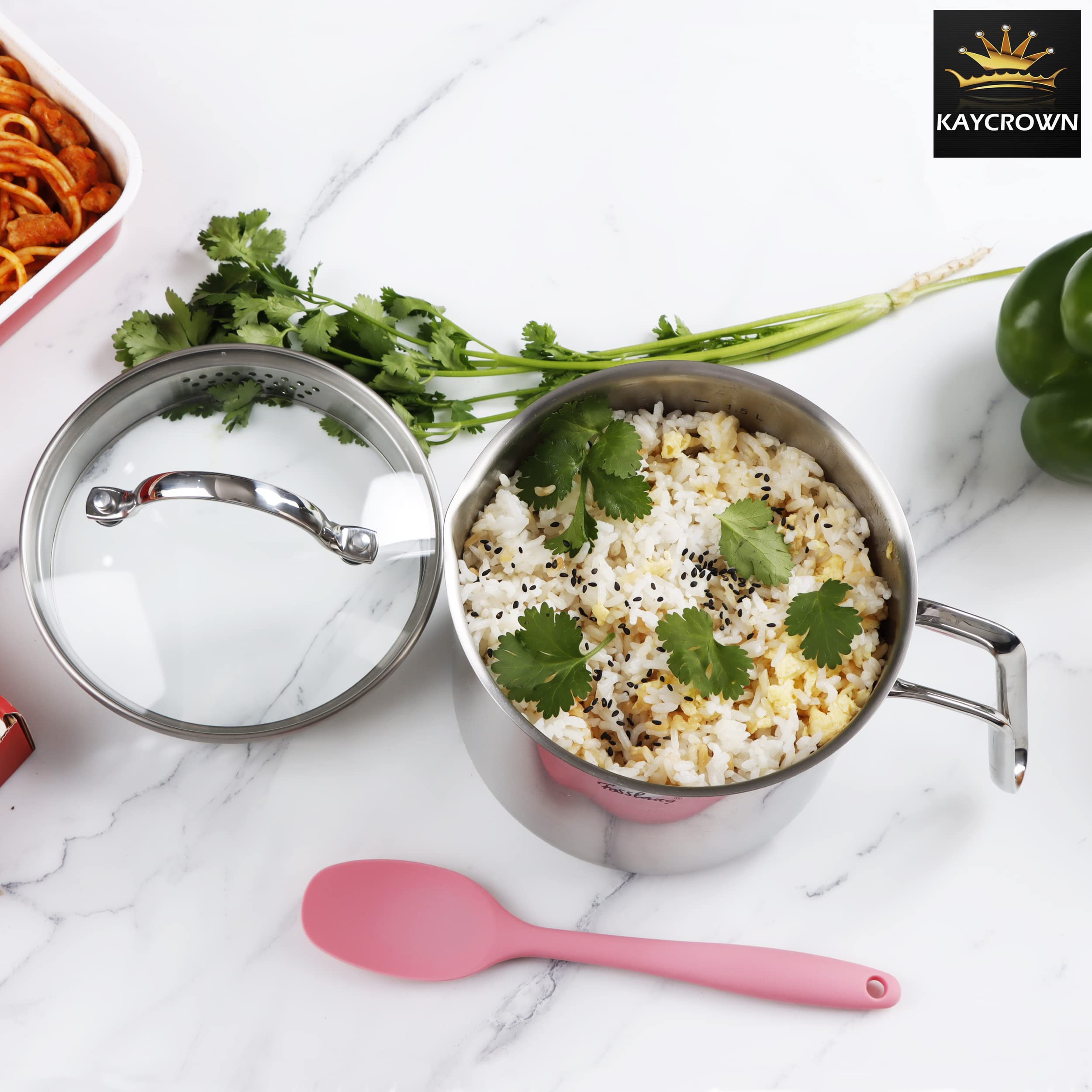 KAYCROWN 1.5 Quart Stainless Steel Saucepan with Glass Lid, Straining Cover & Pour Spouts - Silver, Model KAYC0517-SP015