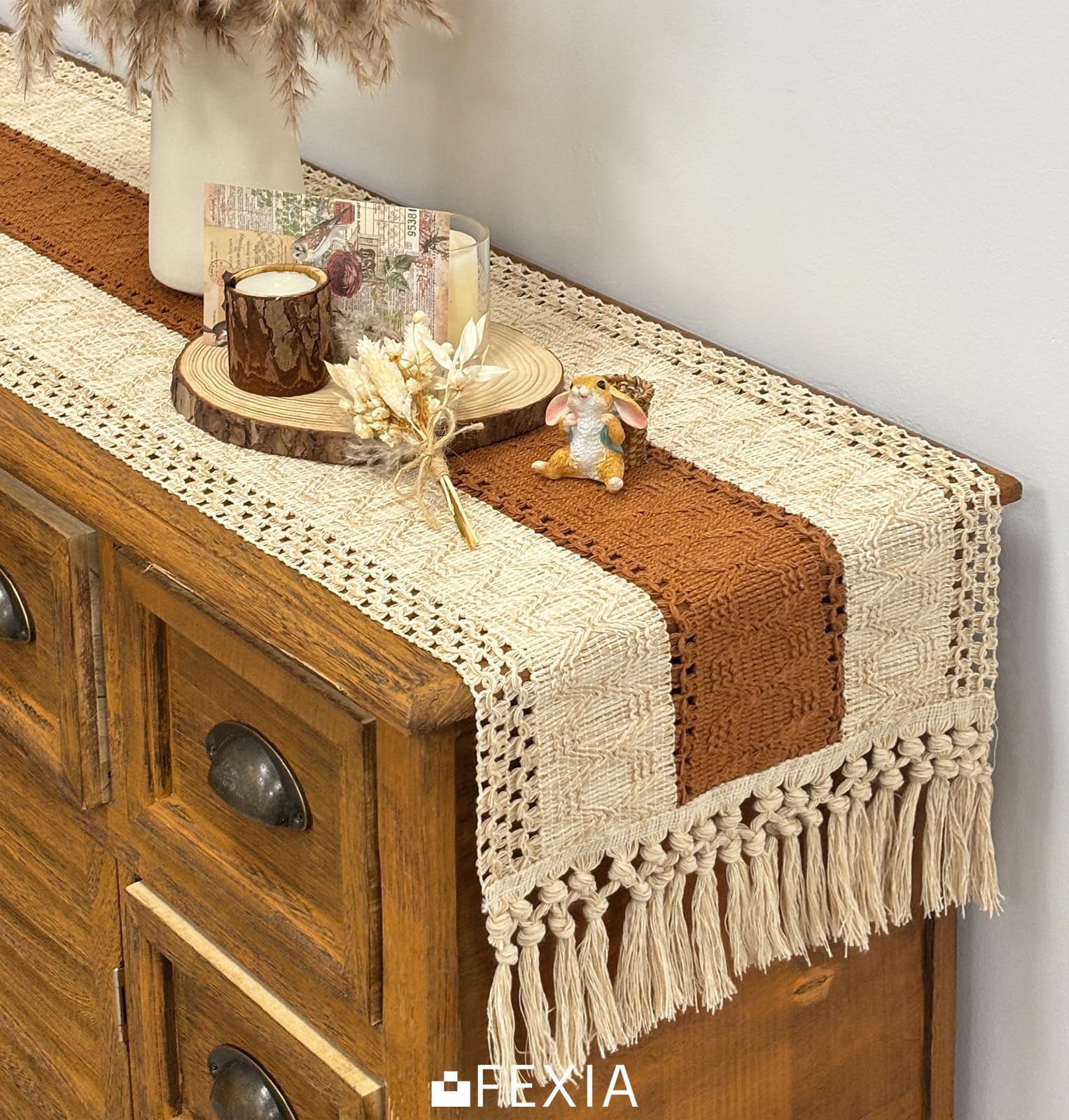 FEXIA Boho Table Runner for Home Decor with Tassels 60 Inches Long,Caramel Farmhouse Rustic Table Runner Macrame Burlap Table De