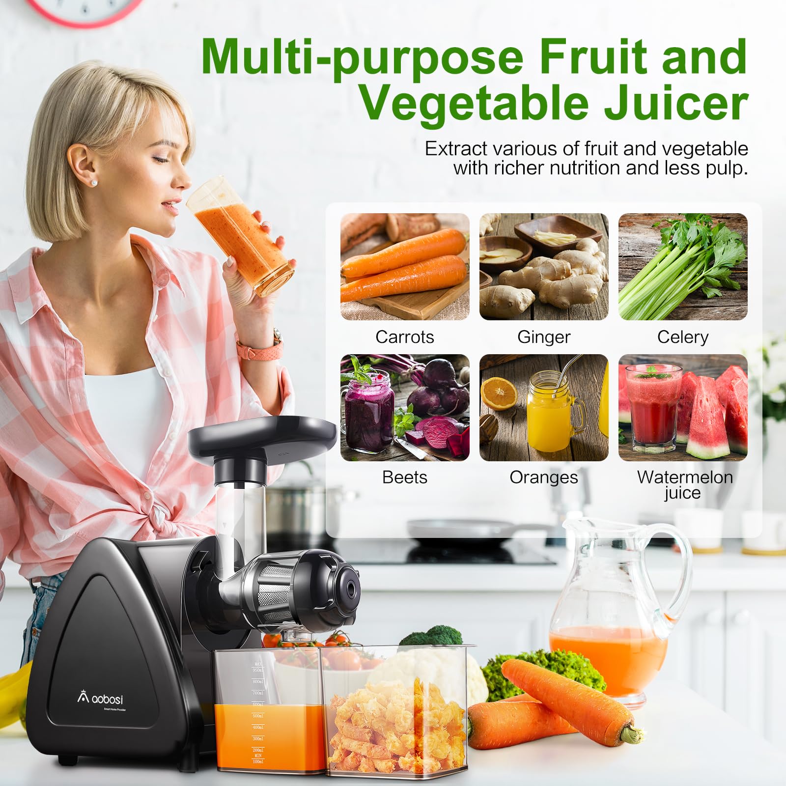Juicer Machine  Aobosi Slow Masticating Juicer  Cold Press Juicer Machines with Reverse Function  Quiet Motor  High Juice Yield with Juice Jug & Brush for Cleaning  Black