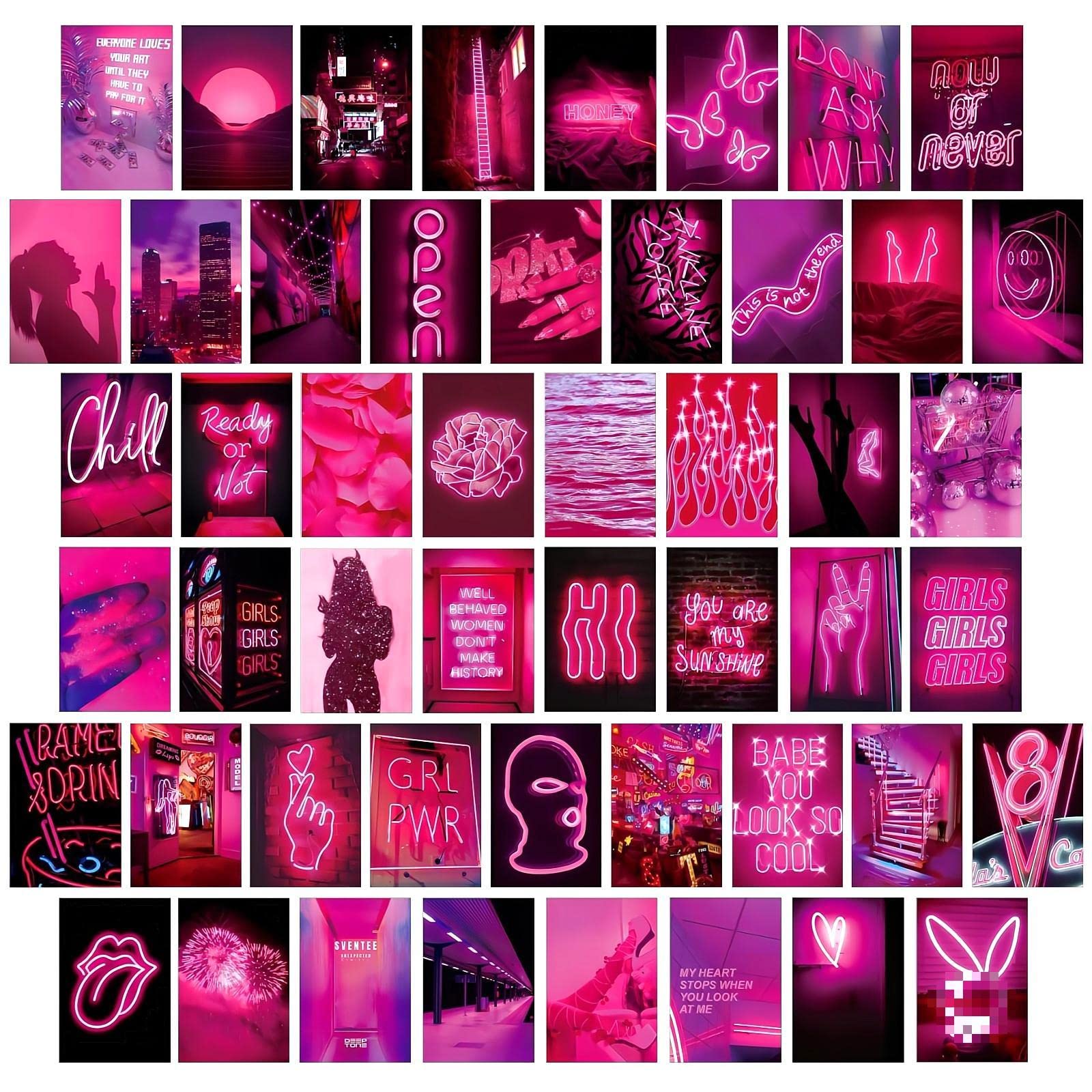 Lclaidydy 50 Pcs Wall Collage Kit Aesthetic Pictures, Pink Neon Room Decor Posters For Room Aesthetic, Dorm Photo Wall Decor For