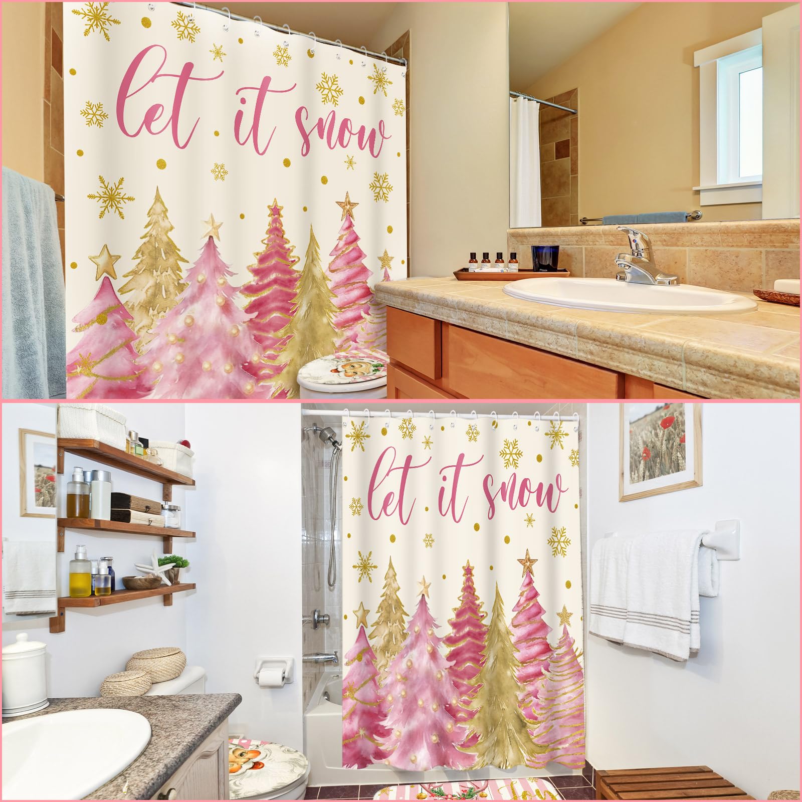 Preboun Pink Christmas Tree Shower Curtain Set 72 X 72 In Xmas Bathroom Curtain With 12 Hooks Non Slip Rug Toilet Lid Cover And