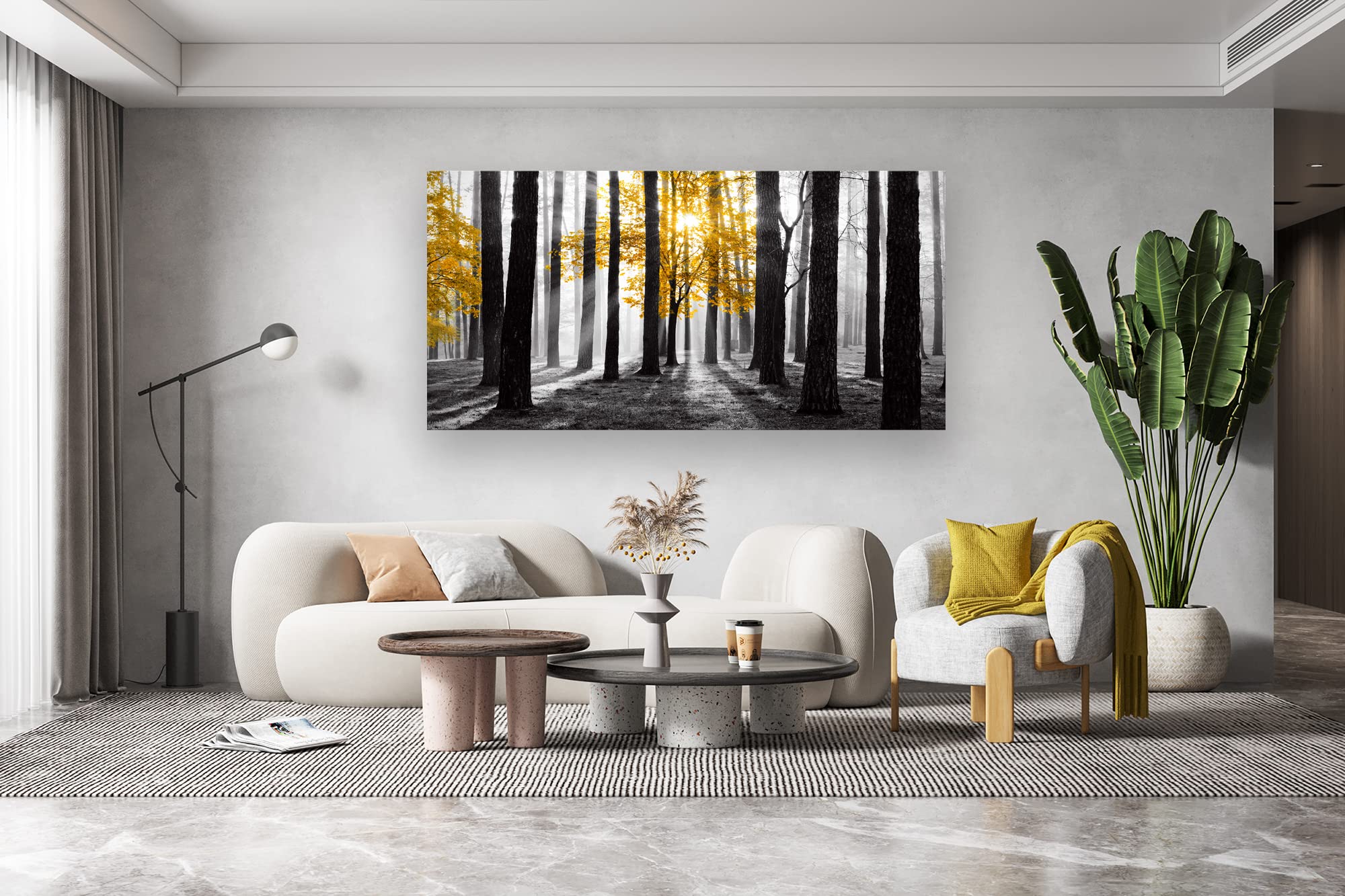 Cao Gen Decor Art S06375 Wall Art Canvas Painting Yellow Tree in Black and White Sunshine Foggy Forest Picture Poster Print Framed Ready to Hang for Living Room Bedroom Office Home Decor