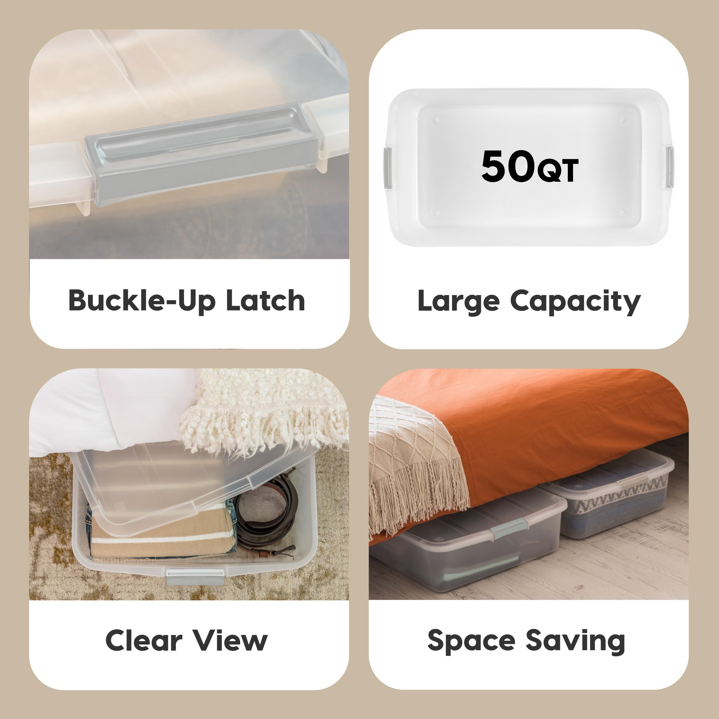 IRIS USA 50 Qt Plastic Under Bed Storage Bin with Lids and Durable Buckles, Multi-Purpose Container Box for Clothes, Shoes, and