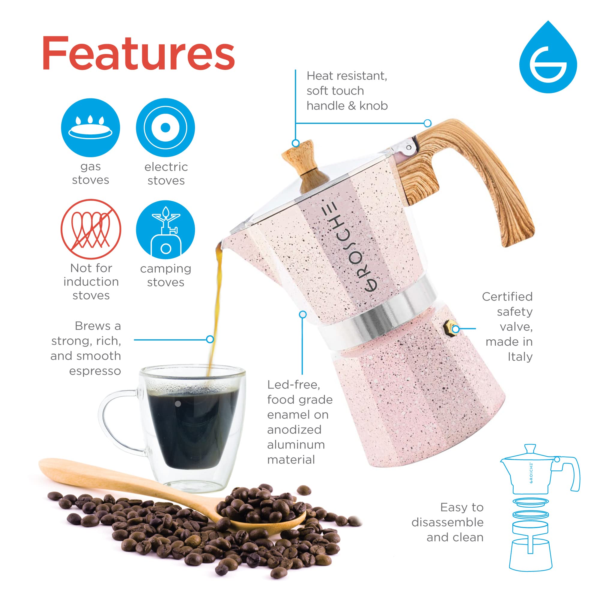 GROSCHE Milano Moka pot  Stovetop Espresso maker  Greca Coffee Maker  Stovetop coffee maker and espresso maker percolator (Pink  3 cup)