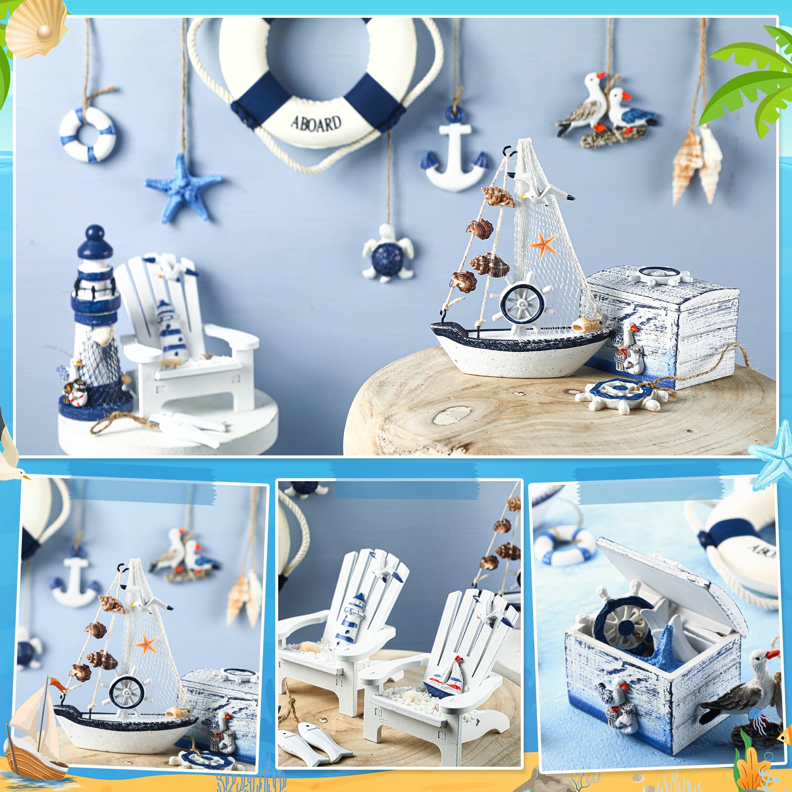 Yousoontic 14 Pack Mini Wood Nautical Home Decor Mediterranean Style Lighthouse, Beach Chair, Sailboat, Wood Box, Anchor, Life R
