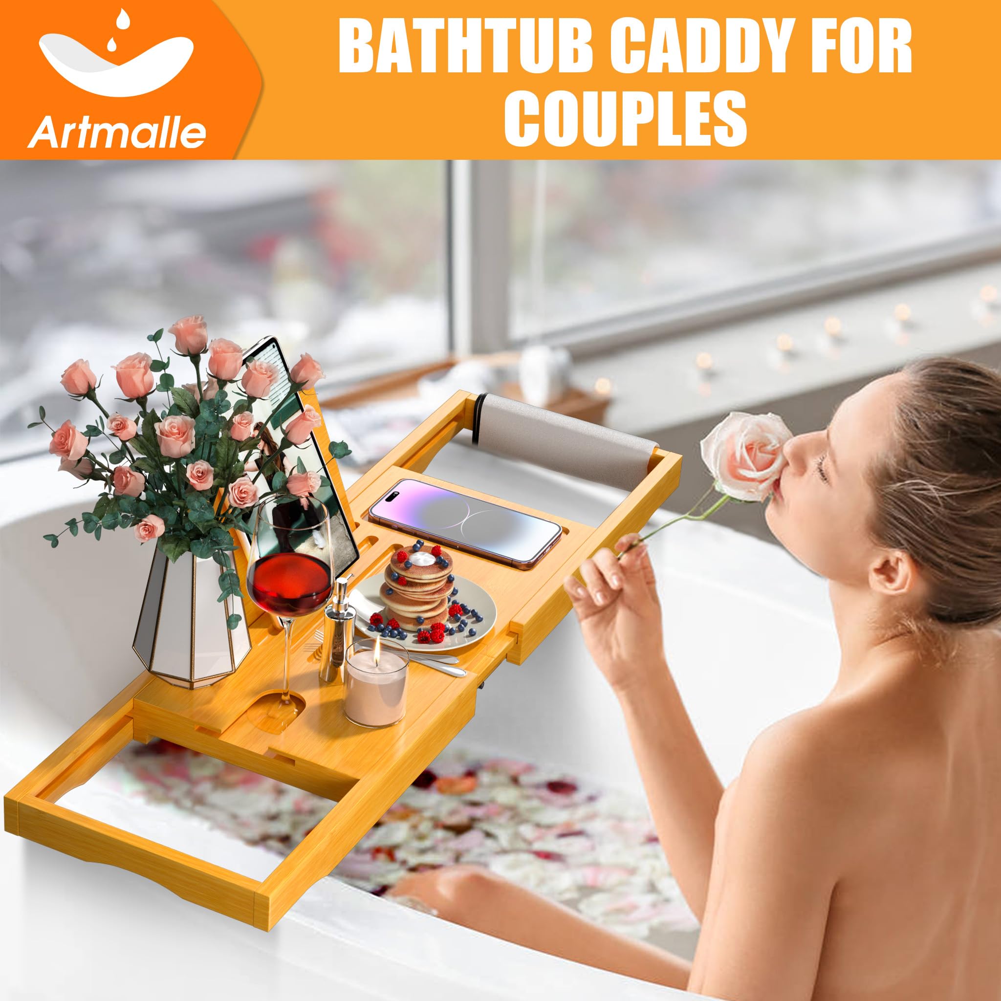 Artmalle Bathtub Caddy Tray For Tub, Expandable Bamboo Bath Table Tray With Book Stand For Home Spa Relaxing, Foldable Minimalis