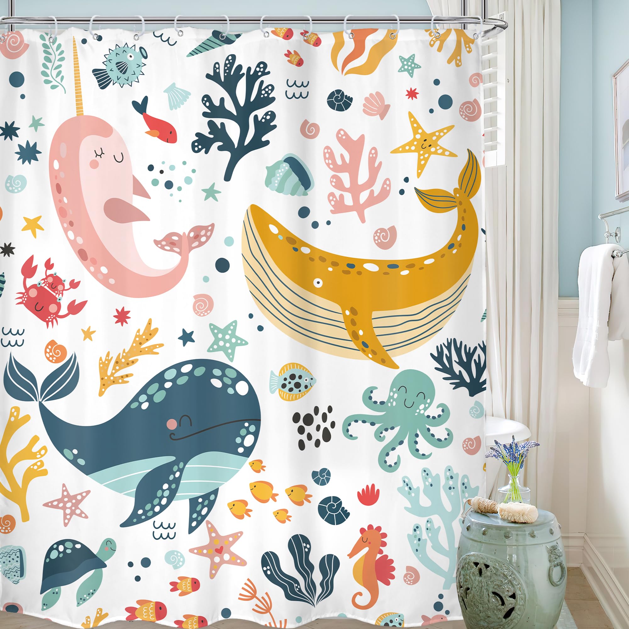 Lghtyro Kids Whale Shower Curtain Bathroom Set 71Wx84H Inches Extra Long Funny Cute Cartoon Fish Ocean Sealife Underwater Coral