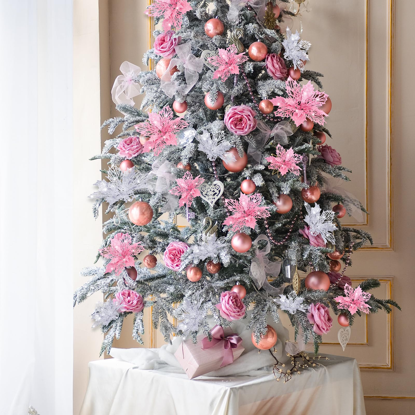 Boao 24 Pieces Pink and Silver Christmas Poinsettia Flowers Glitter with Clips Christmas Ornaments Decorations for Tree Artifici
