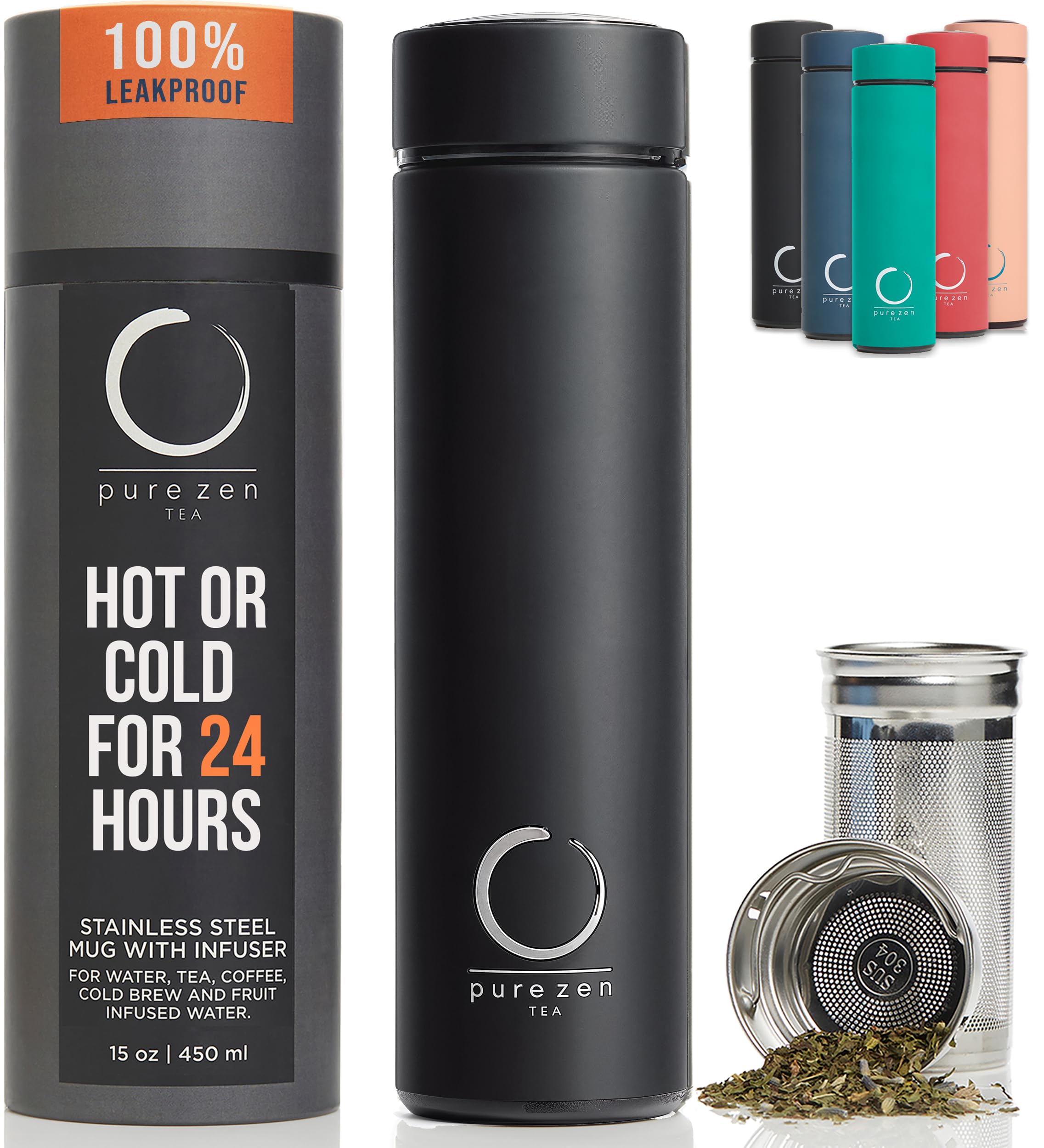Pure Zen Tea Thermos with Infuser for Hot and Cold Infusions, Coffee and Fruit-Infused Water - Stainless Steel - Tea Infuser Bot