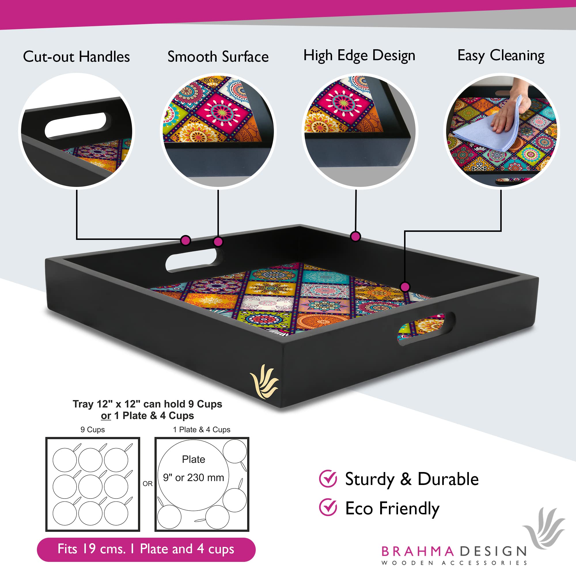 Brahma Design Serving Tray | Multi Mandala Design With Black Border | Square 12'' X 12'' Wooden Tray For Serving | Tray For Deco