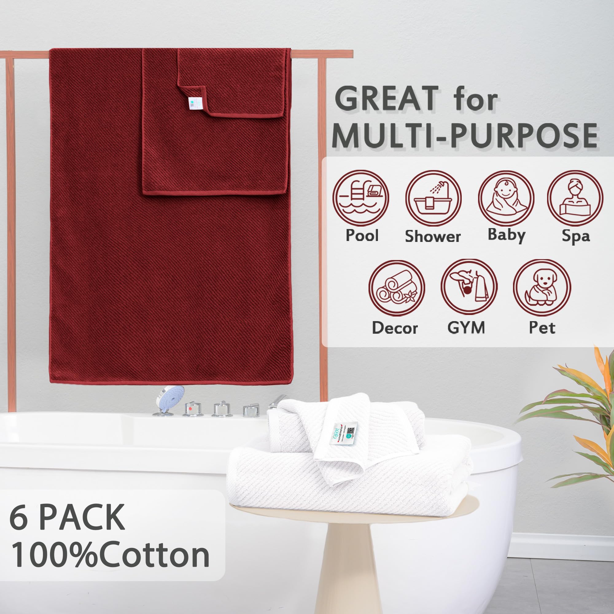 Towels Bathroom Set - 100% Cotton | Quick Dry | Soft | Thick, Towel Set Of 6, 2 Large Bath Towels 30''X56'', 2 Hand Towels 18''X