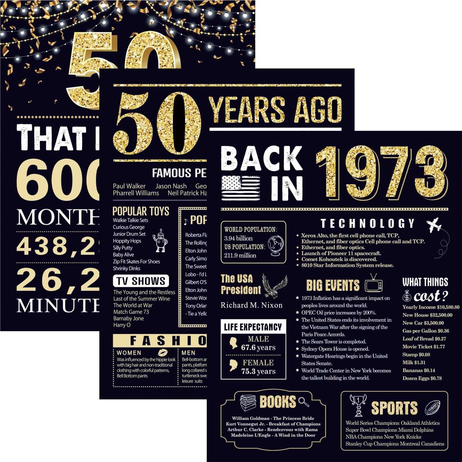 50 Years Ago 50Th Birthday Wedding Anniversary Poster 3 Pieces 11 X 14 70S Party Decorations Supplies Large Sign Home Decor Blac