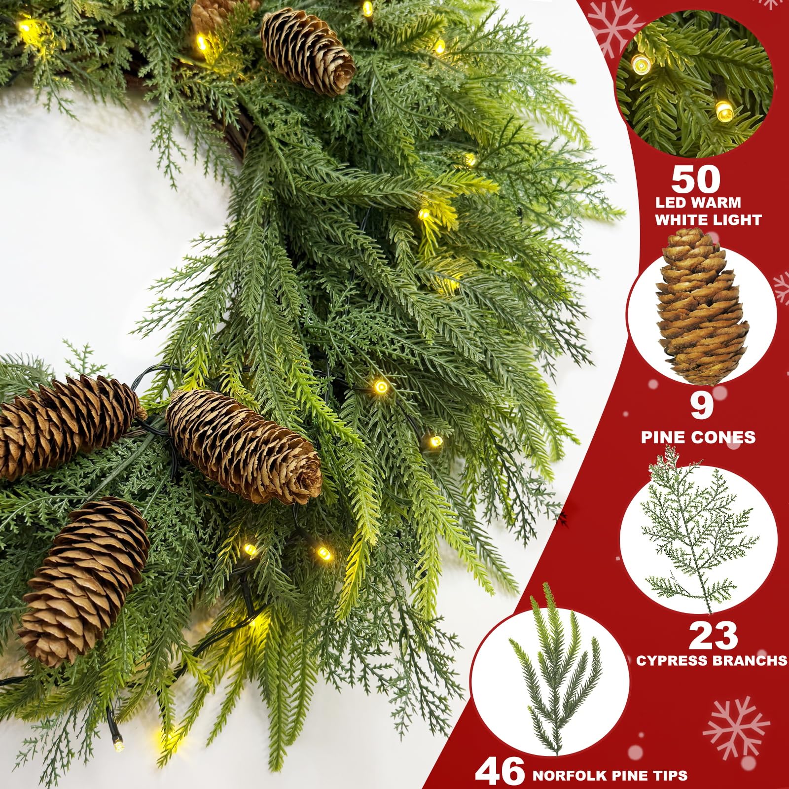26 Inch Large Foldable Fall Wreath for Front Door with Lights Timer, Autumn Maple Leaf Pumpkin Wreaths & 88 Silk Maple Leaves 22