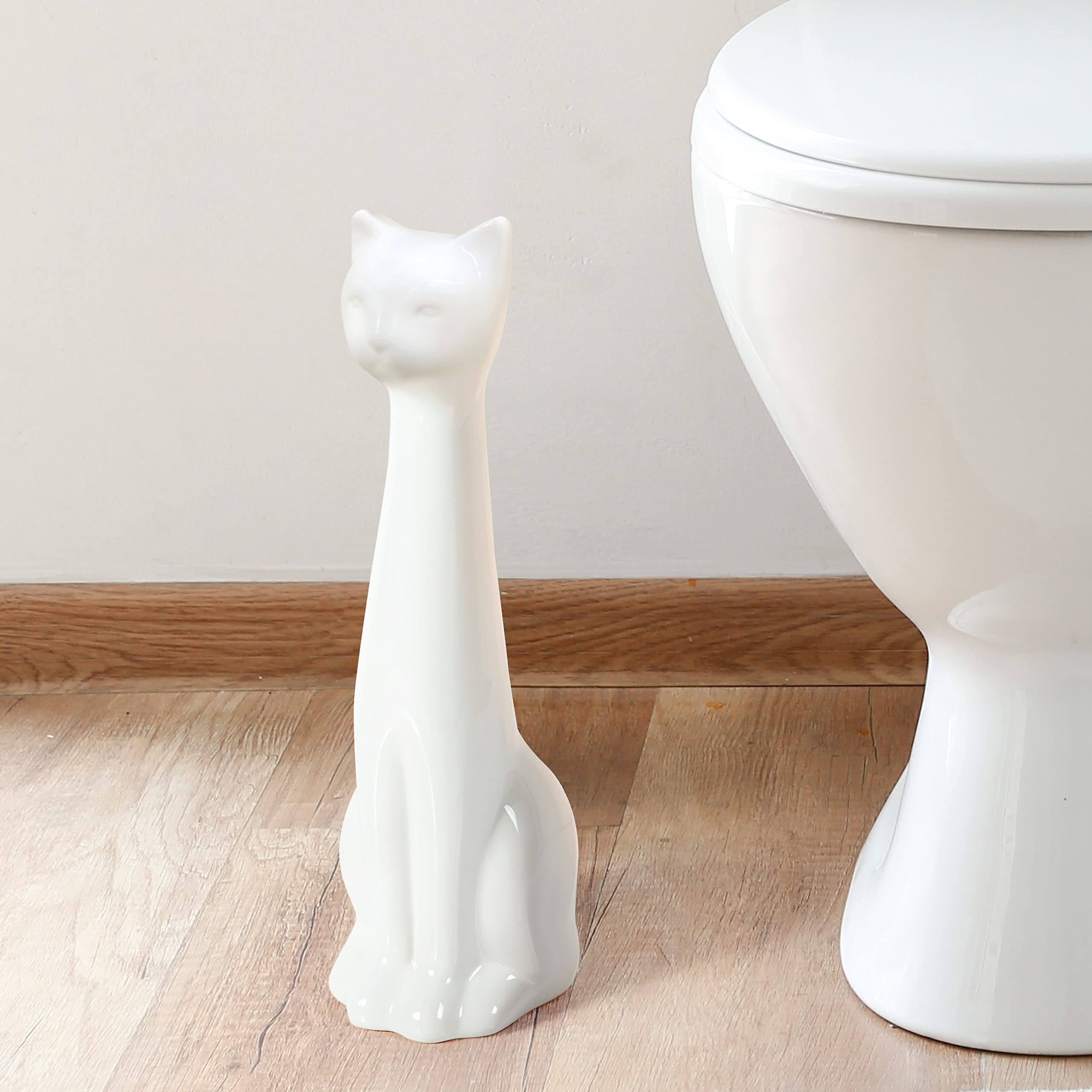 Allure Home Creation Cat 3-Piece White Ceramic Toilet Brush Holder W/White Plastic Handled Scrub Brush & Soap Dispenser-White