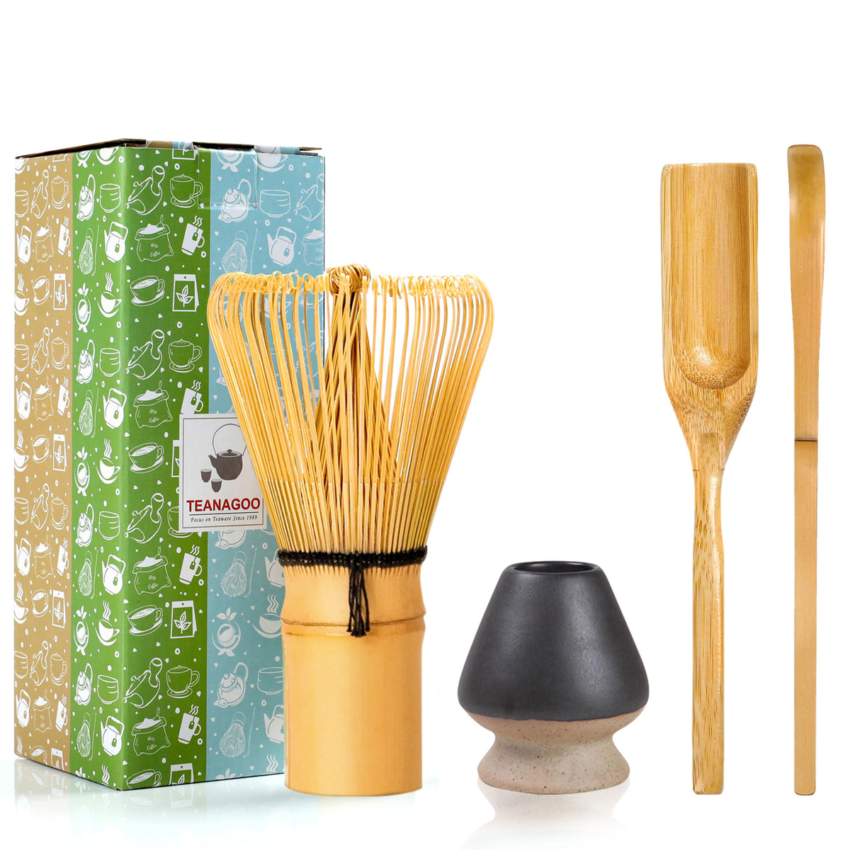 Teanagoo Japanese Matcha Ceremony Accessory, Matcha Whisk (Chasen), Traditional Scoop (Chashaku), Tea Spoon, Matte Black Whisk H