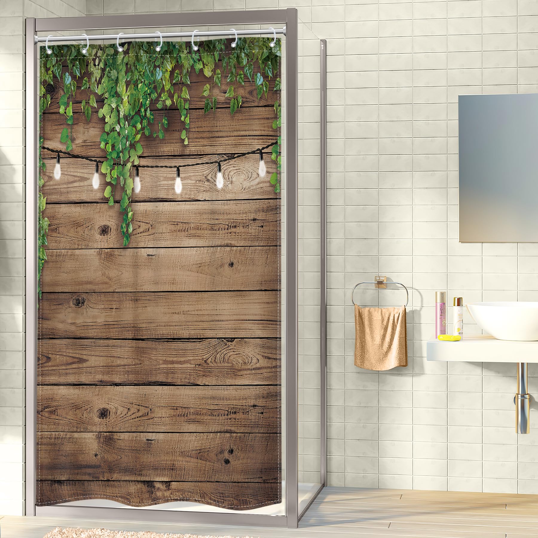 Riyidecor Wooden Shower Curtain 36"x72" Waterproof Rustic Brown with Green Leaves, Model WZ-NHYD-CR35, Includes 7 Hooks