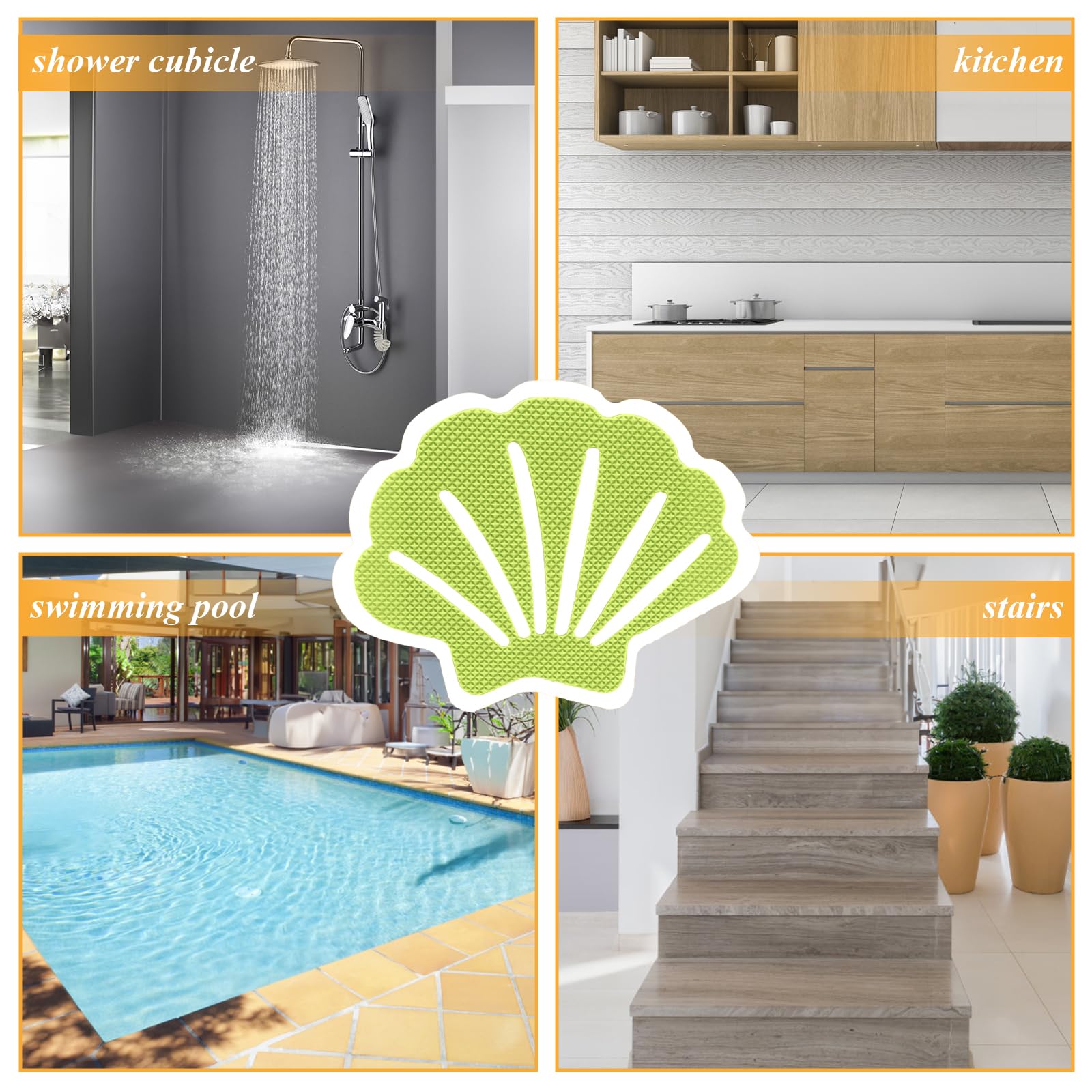 Coufce 12 Pcs Non Slip Bathtub Stickers Green Adhesive Decals Sea Shell Shape Shower Stickers For Floor, Ladders, Bath Tub, Stai