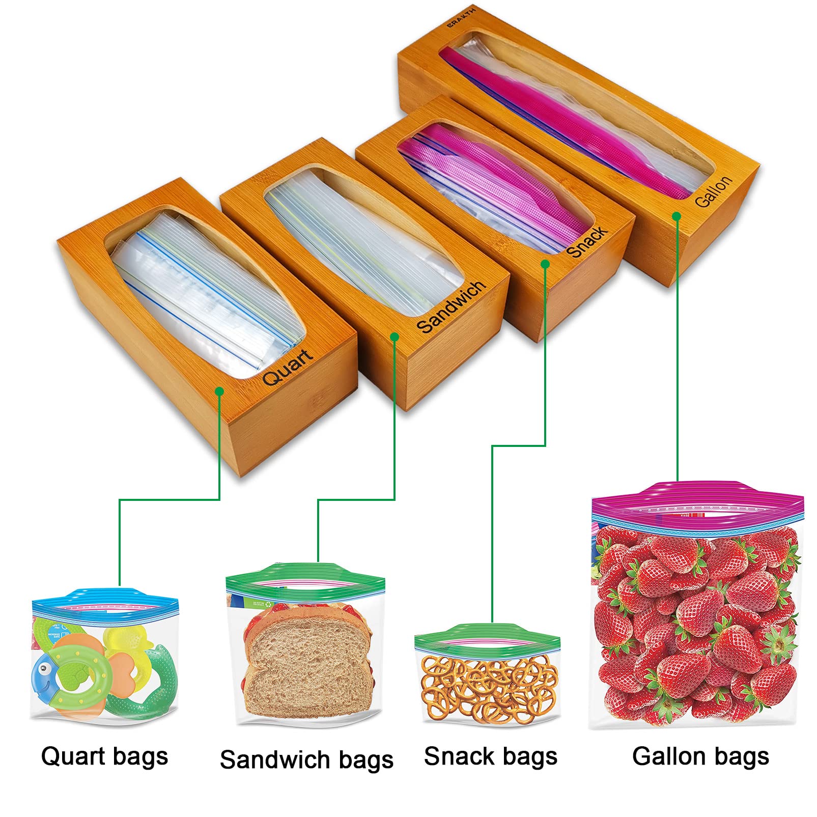 Crakth Bamboo Ziplock Bag Storage Organizer For Kitchen Drawer, 4 Separate Baggie Organizer, Suitable For Gallon, Quart, Sandwic