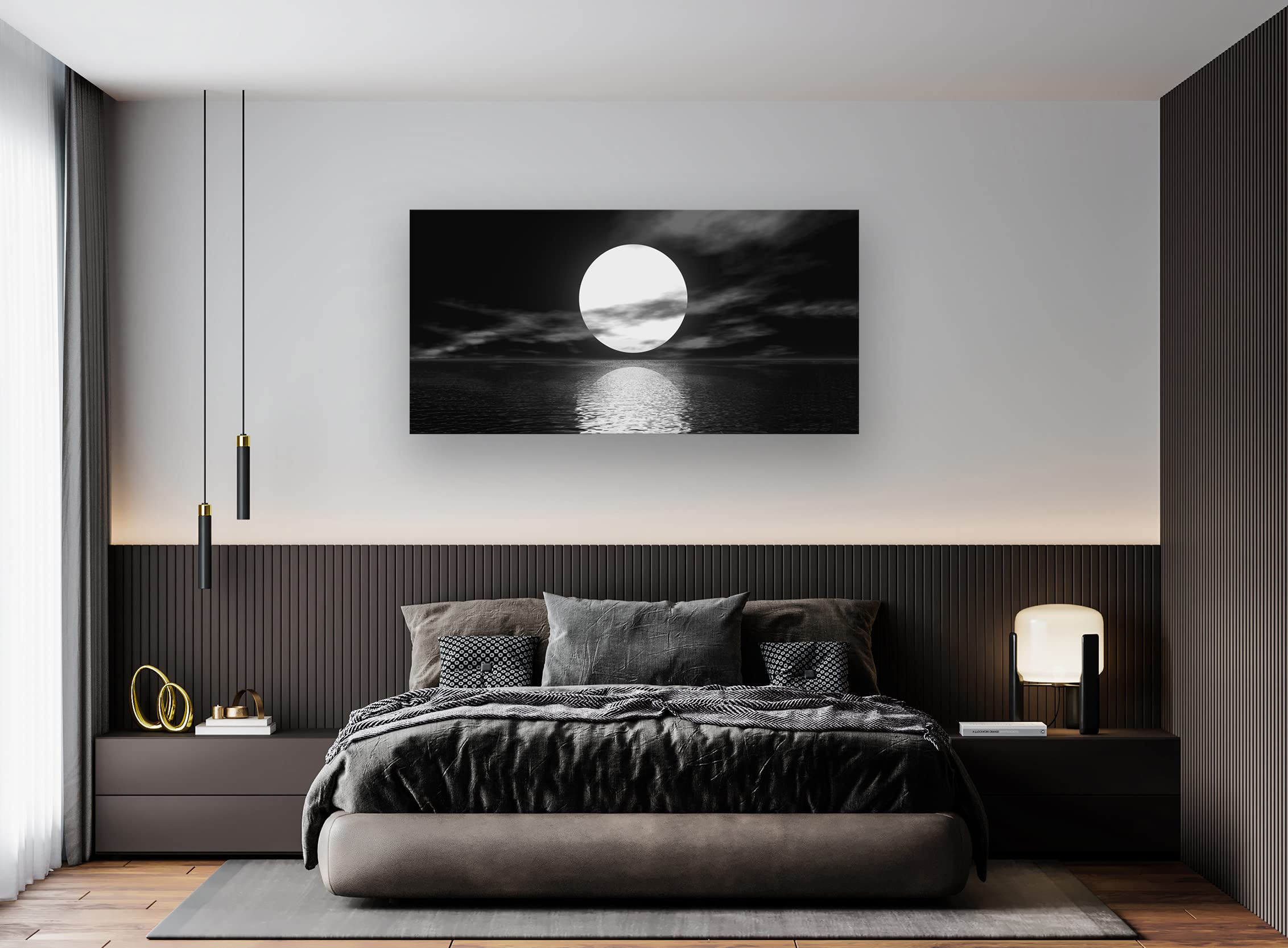 Cao Gen Decor Art S06450 Wall Art Canvas Sea White Full Moon in Night Picture Canvas Poster Print Black and White Ocean for Living Room Bedroom Kitchen Home Decorations Framed Artwork