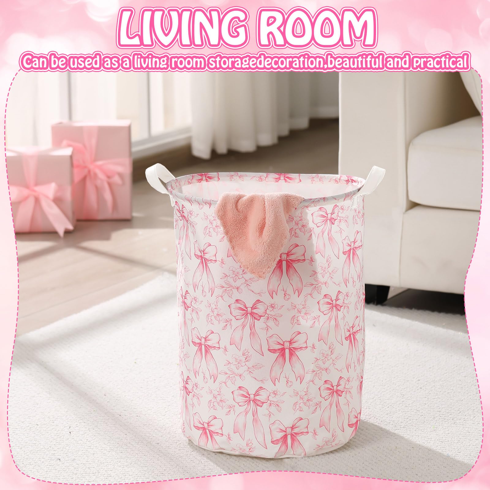 Croblissful 2 Pcs Pink Bow Laundry Basket Coquette Storage Basket For Girls Nursery Hamper With Handles Foldable Waterproof Coll