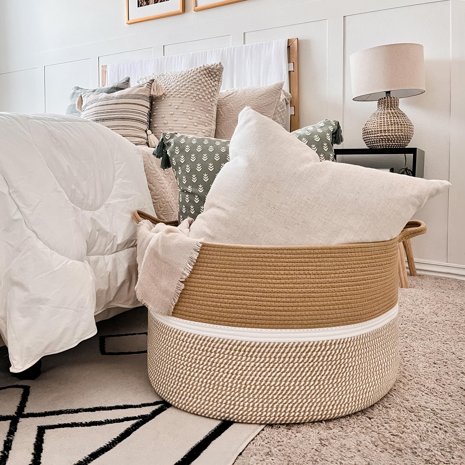 Chicvita Xxl Extra Large Cotton Rope Woven Basket, Throw Blanket Storage Basket With Handles, Decorative Clothes Hamper - 22 X 2