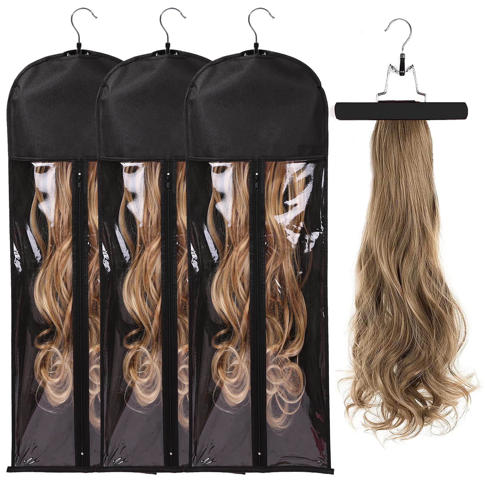 3Pcs Extra Long Hair Extension Storage Bag Hairpieces Storage Holder With Wooden Hanger Dust-Proof Portable Suit With Transparen