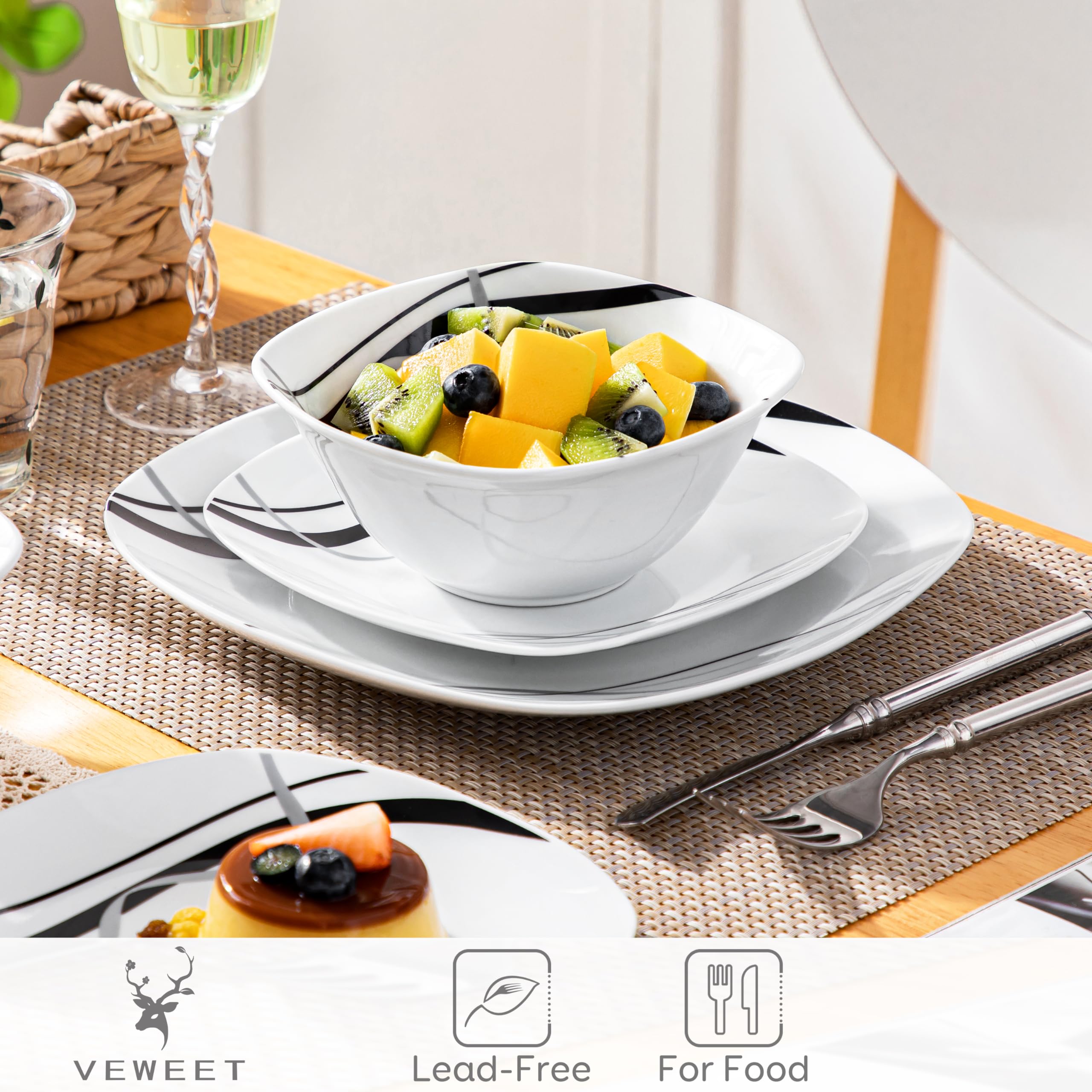 VEWEET Plates and Bowls Sets, Porcelain Dinnerware Sets for 4, 12 PCS Dish Set Including Dinner Plates, Dessert Plates and Cerea