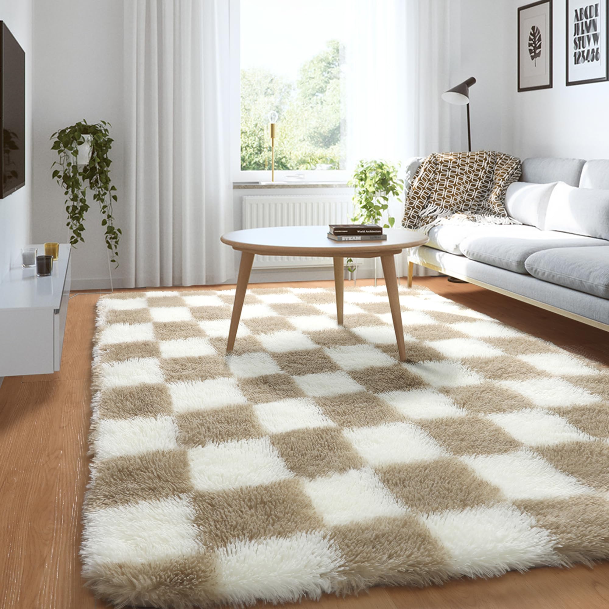 KICMOR 3x5 Small Beige and White Area Rug for Bedroom, Fluffy Fuzzy Plush Shag Shaggy Checkered Rugs, Soft Furry Bedside Rug Liv