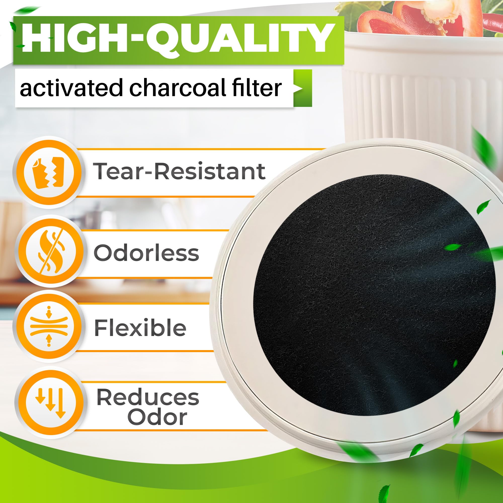 Charcoal Filters For Compost Bucket For Kitchen - 12Pcs Replacement Activated Charcoal Filter Kitchen Compost Bin 6.7 Inch - Gar