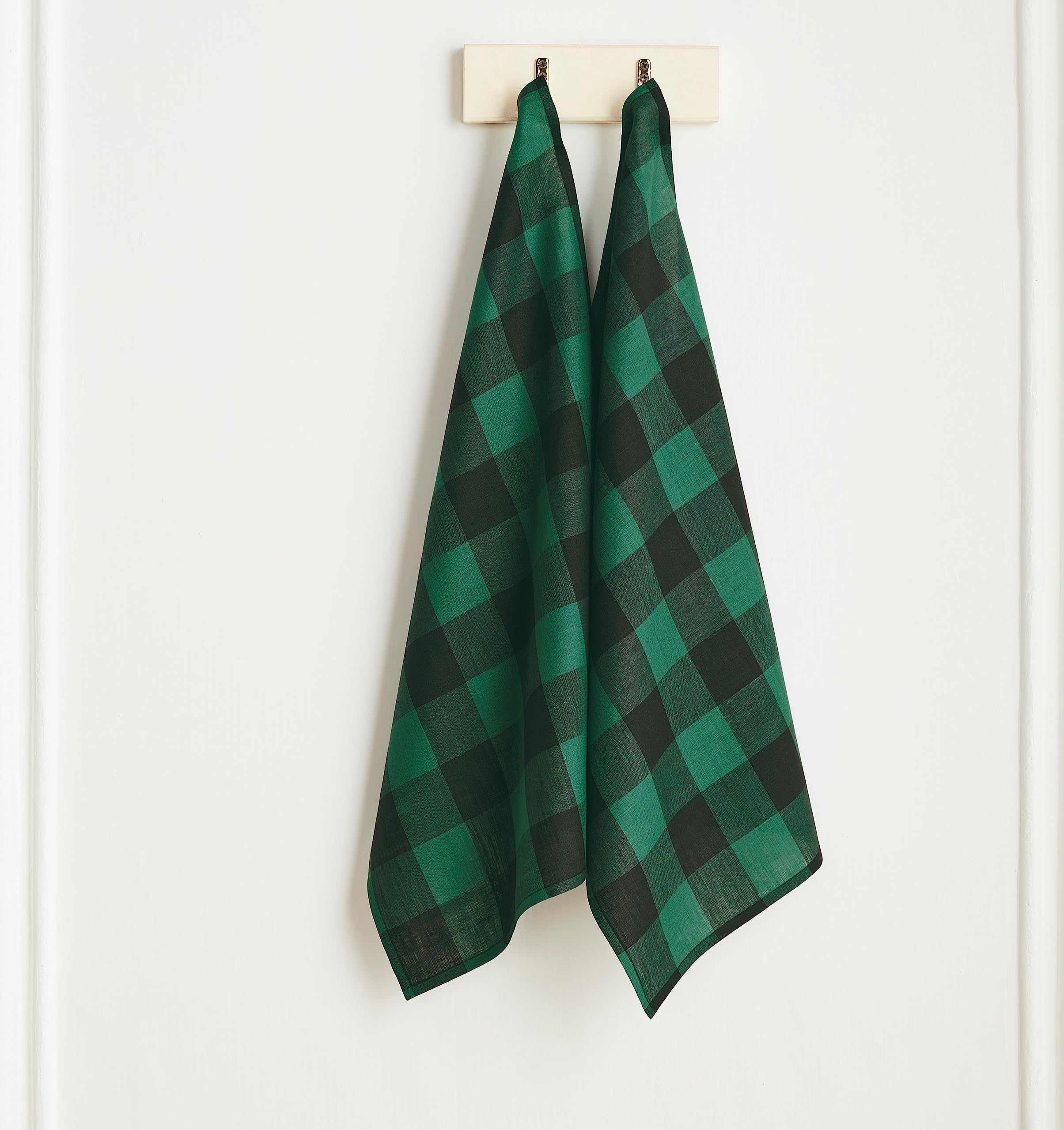 Solino Home Linen Kitchen Towels Set Of 2 - Green And Black 17 X 26 Inch - 100% Pure Linen Buffalo Check Kitchen/Tea Towels - Ma