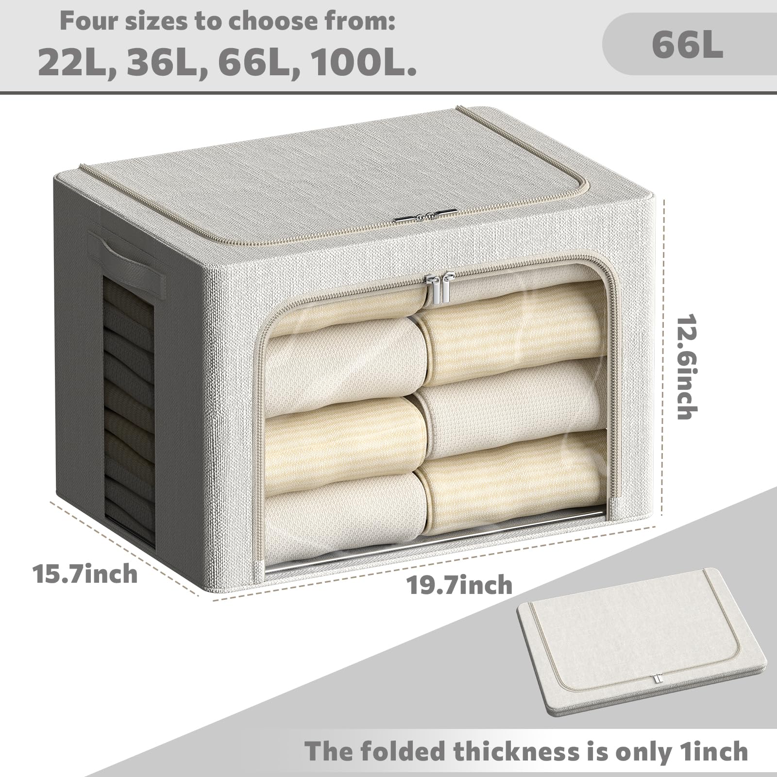 2 Pack Clear Window Storage Bins - Large Stackable Linen Fabric Storage for Clothes Foldable Container Organizer Set with Carryi