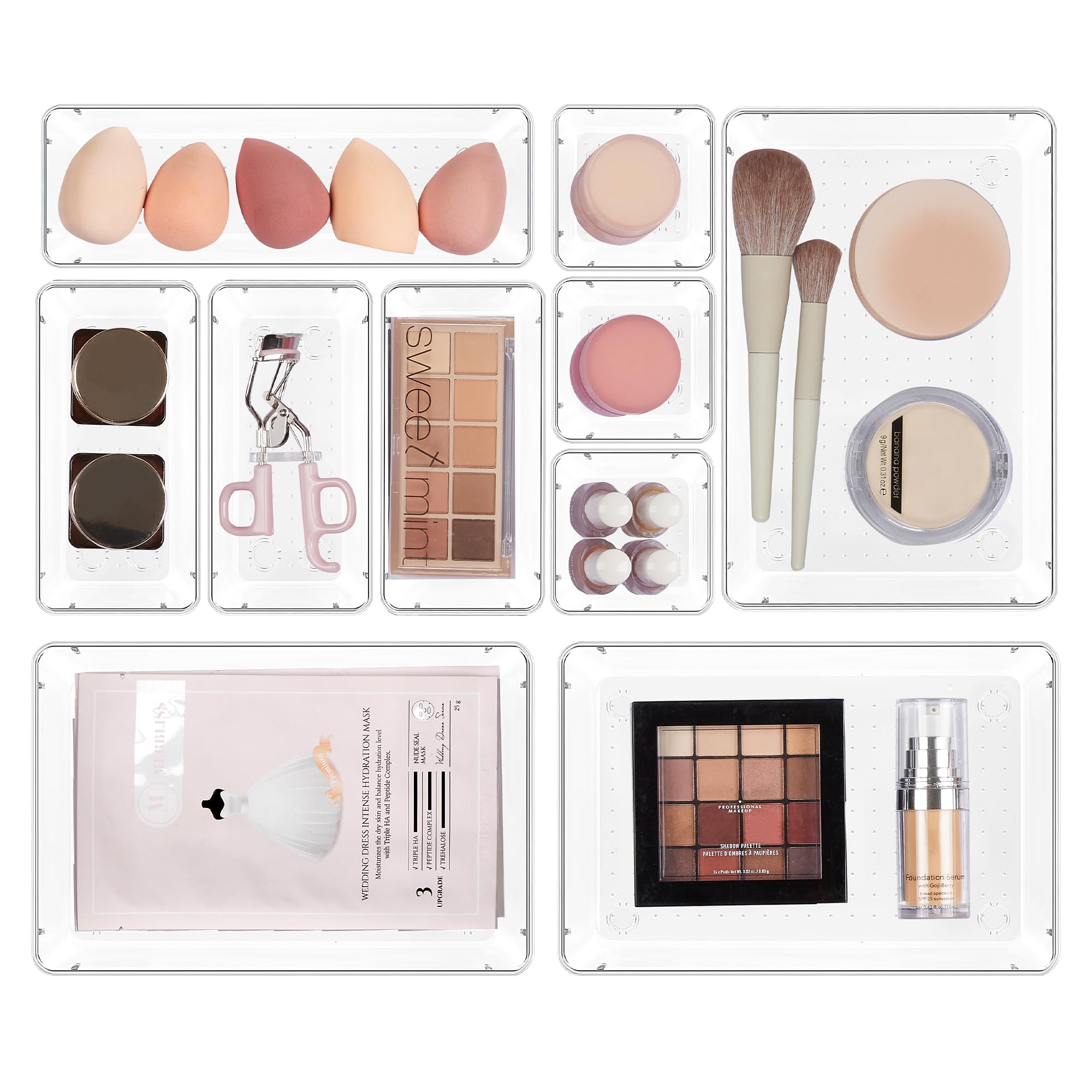 Vtopmart 10 Pcs Drawer Organizer Set, 4 Size Vanity Organizer Plastic Tray, Clear Acrylic Drawer Organizer Storage Bins, Makeup