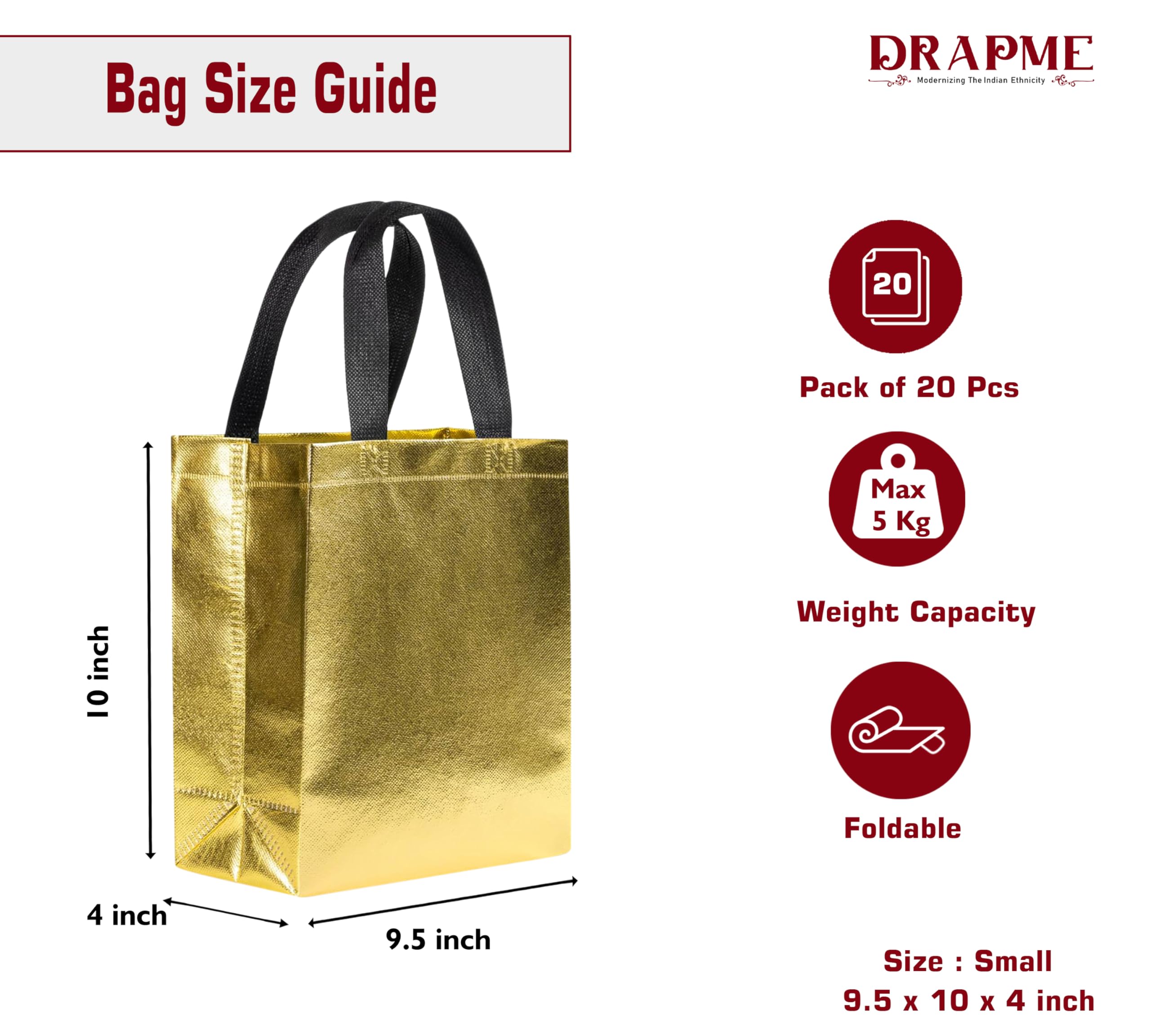 Drapme Small Size Pack Of 20 Pcs Glossy Metallic Laminated Non-Woven Reusable Eco-Friendly Party Return Gift Bags (Golden) (Smal