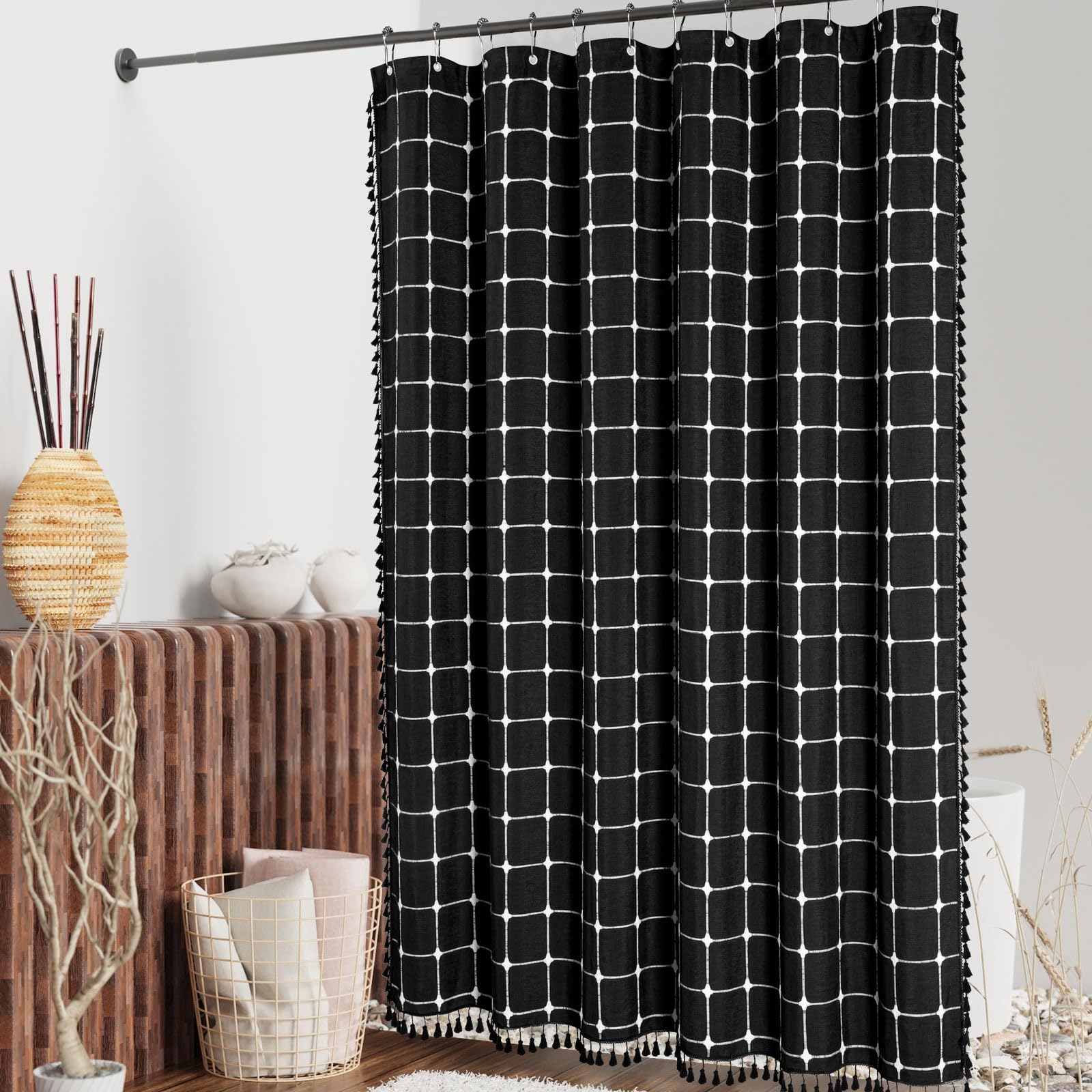 Mitovilla Boho Farmhouse Shower Curtain Set 72 X 78, Black 78 Inch Long Cotton Linen Tassel Fabric Shower Curtain Set For Chic C