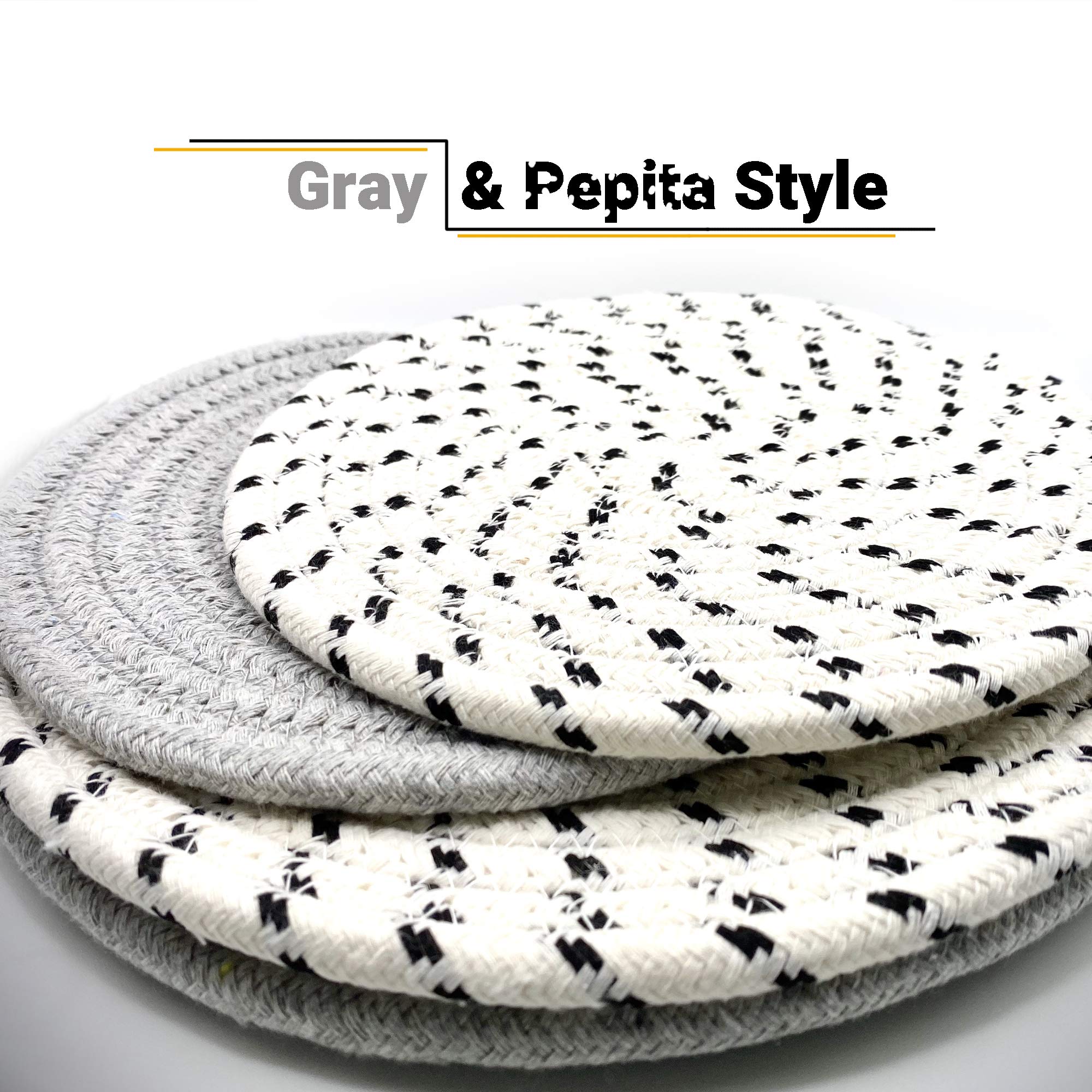 Set Of 4 Potholders & Trivets [2X9''+'' ''+''& ''+''2X7''+''] | Eco Pure Cotton Weave For Hot Pots & Pans | Gray + White & Black