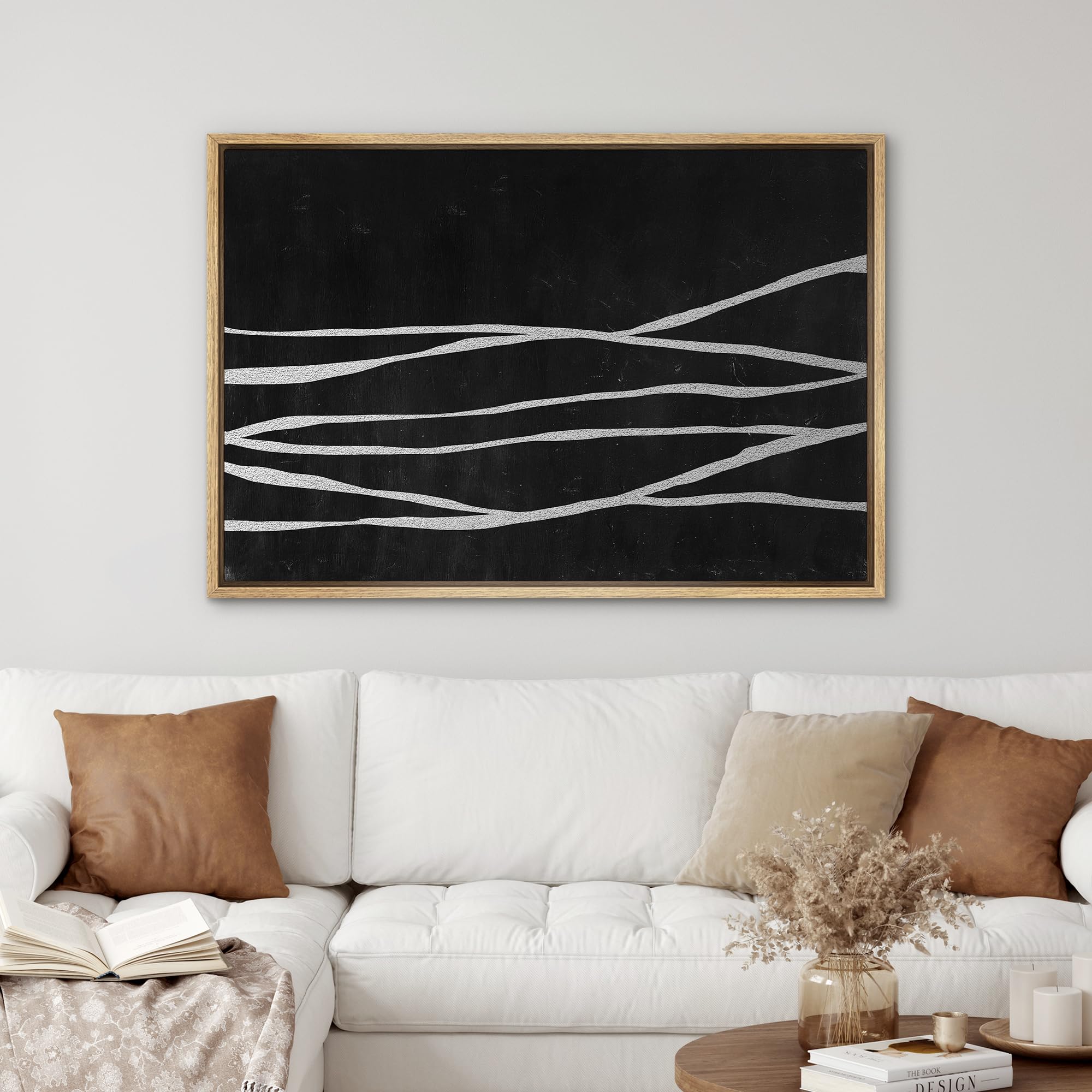 SIGNWIN Framed Canvas Print Wall Art Black and White Dark Line Abstract Mid Century Modern Art Minimalist Geometric Shape for Living Room  Bedroom  Office - 24''x36'' NATURAL