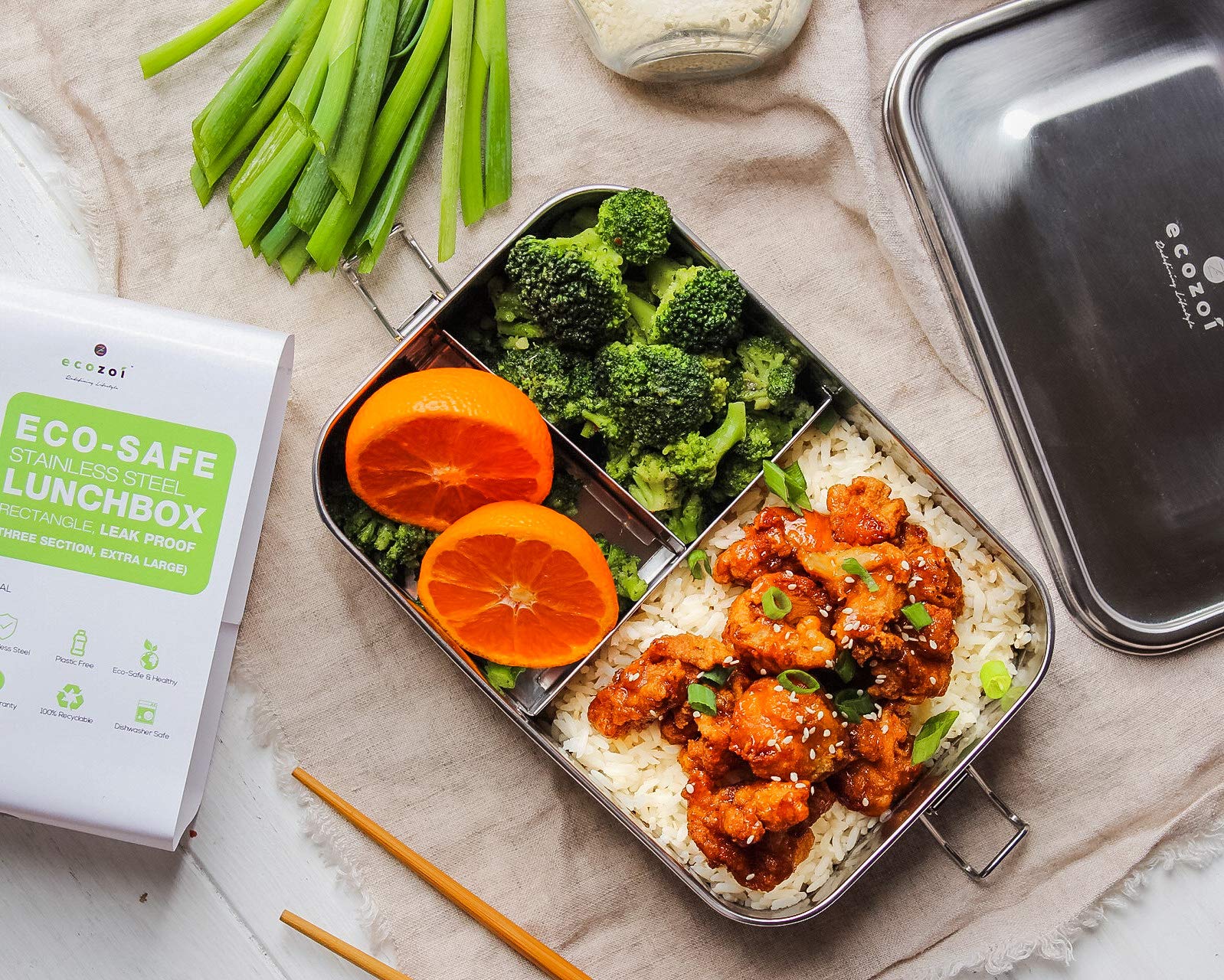 Ecozoi Stainless Steel Lunch Box, Leak Proof 3 Compartment, Medium | Redesigned Silicone Seal | Sustainable Zero Waste Eco Frien