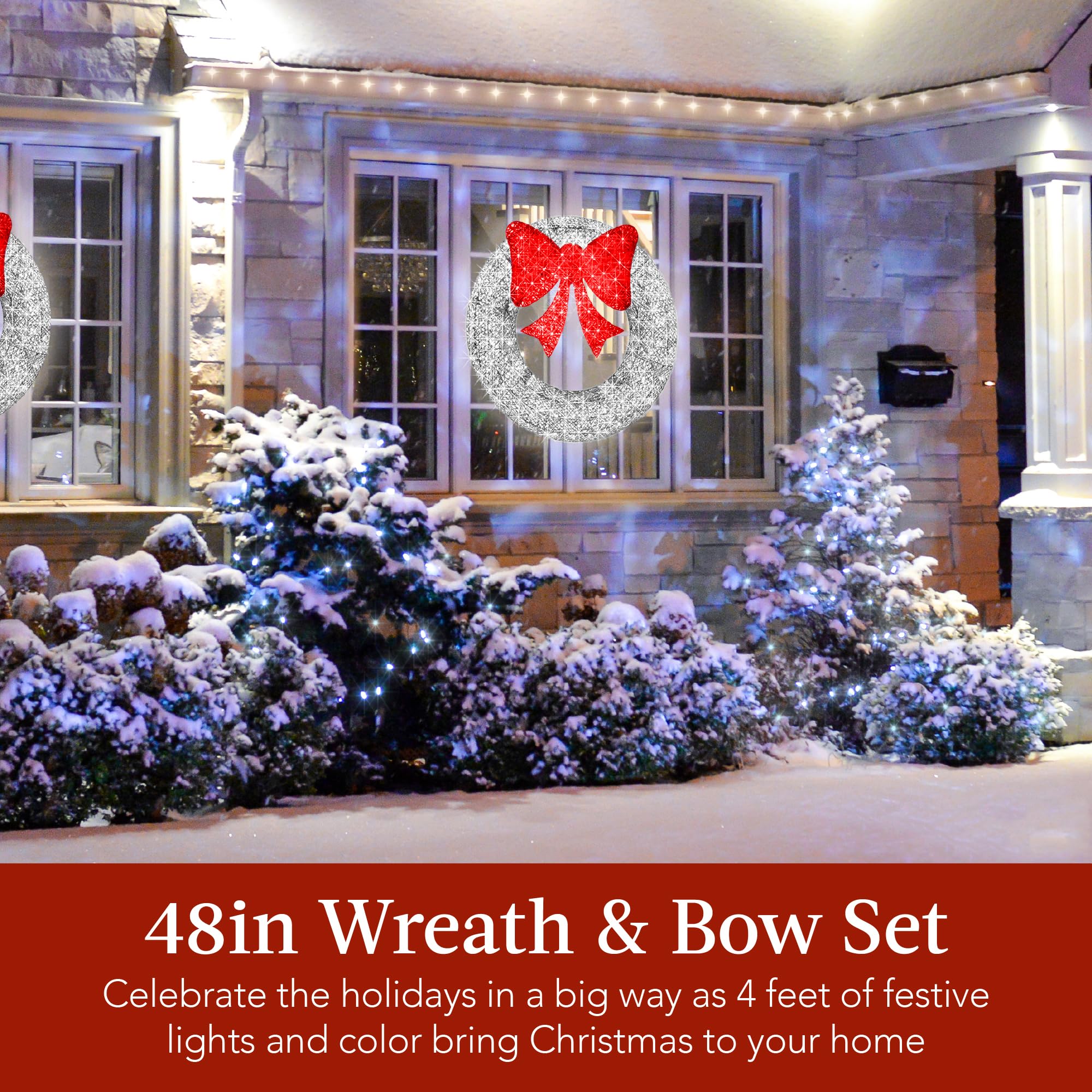 Best Choice Products 48in Pre-Lit Outdoor Christmas Wreath Decoration, LED Metal Holiday Decor for Home w/ 140 Lights, Bow - Sil