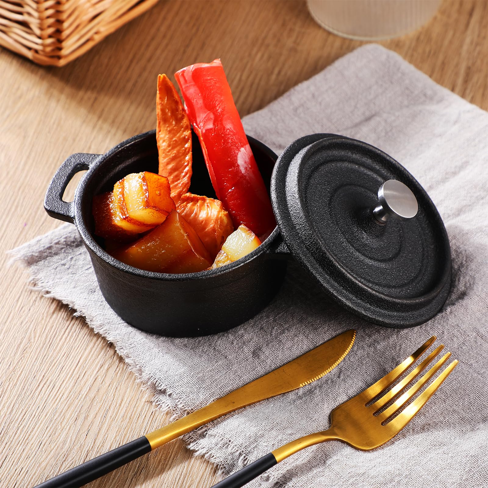 Suttmin 4 Pcs Mini Dutch Oven Small Round Iron Cocotte Black Dutch Oven Pot With Lid And Dual Handles Cast Iron Pot For Stovetop