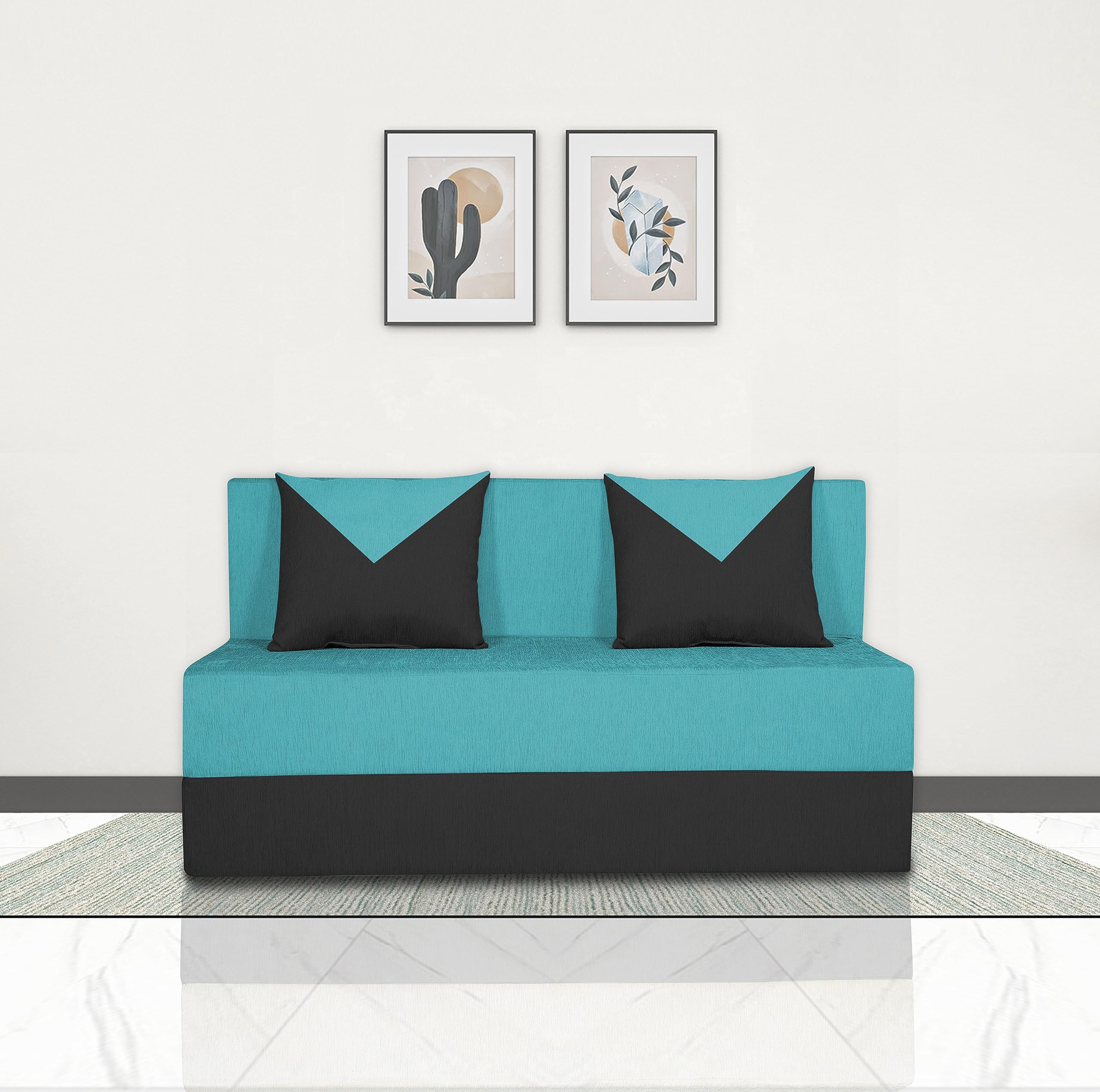 Adorn India Foam Easy Boom 2 Seater Sofa Cum Bed 4 X 6 (Aqua Blue & Black) (1 Year Warranty)