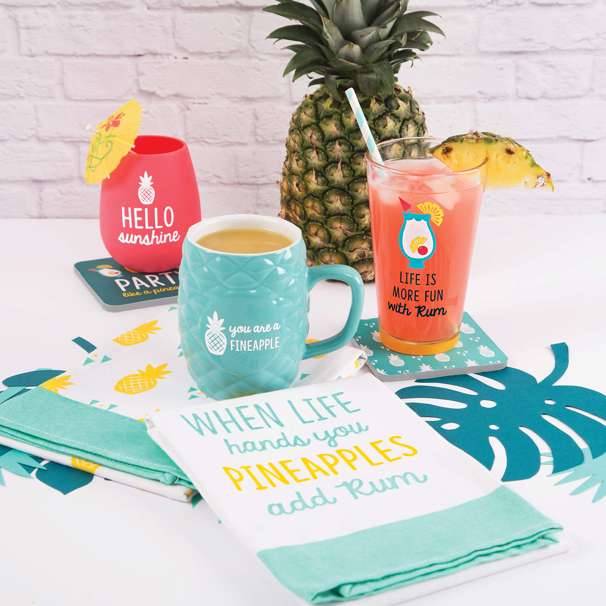 Pavilion Gift Company Pineapple Punch Coaster Set, 4 x 4 Inch, Green, White, Yellow, Red
