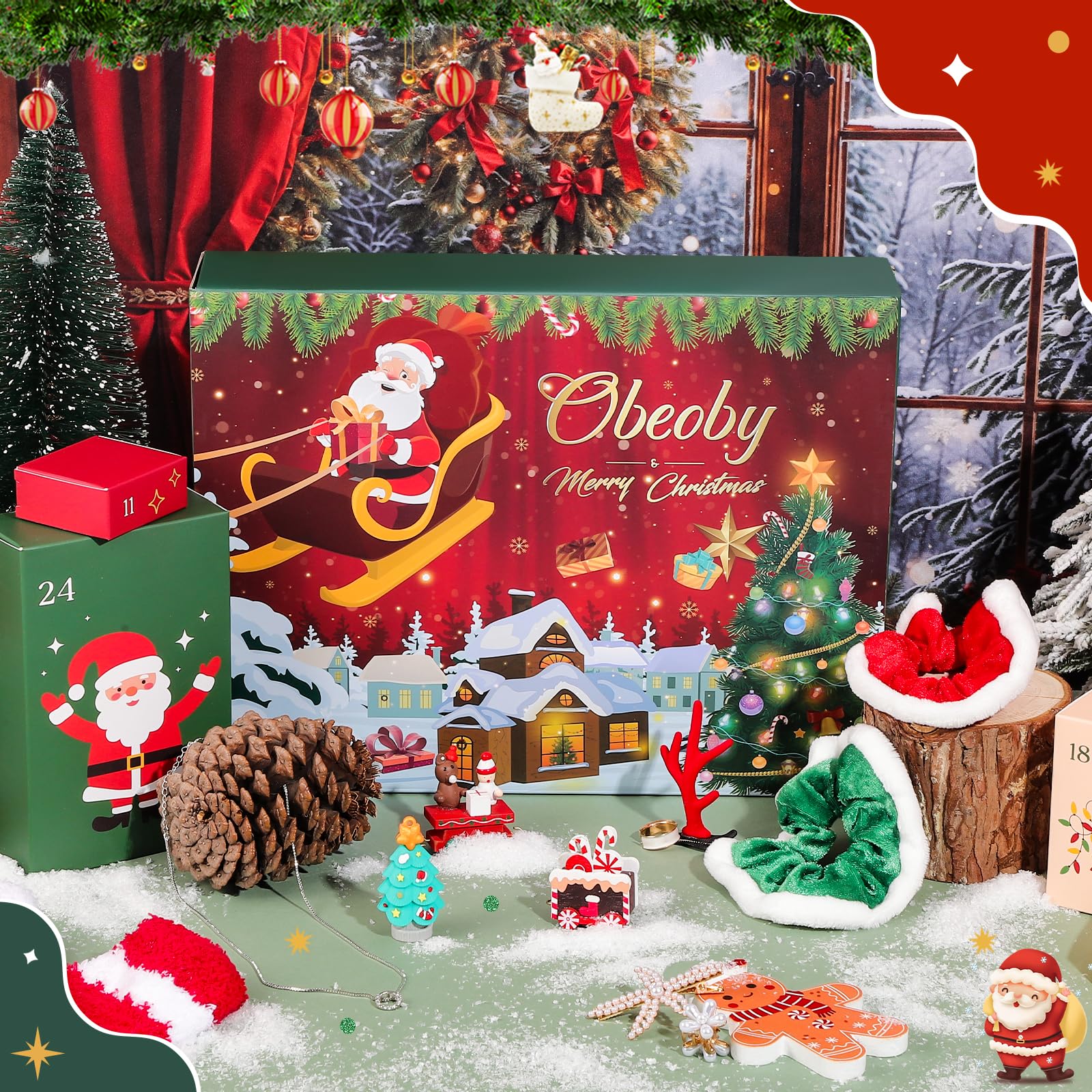 Hair Accessories Set for Christmas Gifts, Include Christmas Stockings Hair Scrunchies Jewelry, Surprise Gift Baskets for Teen Gi