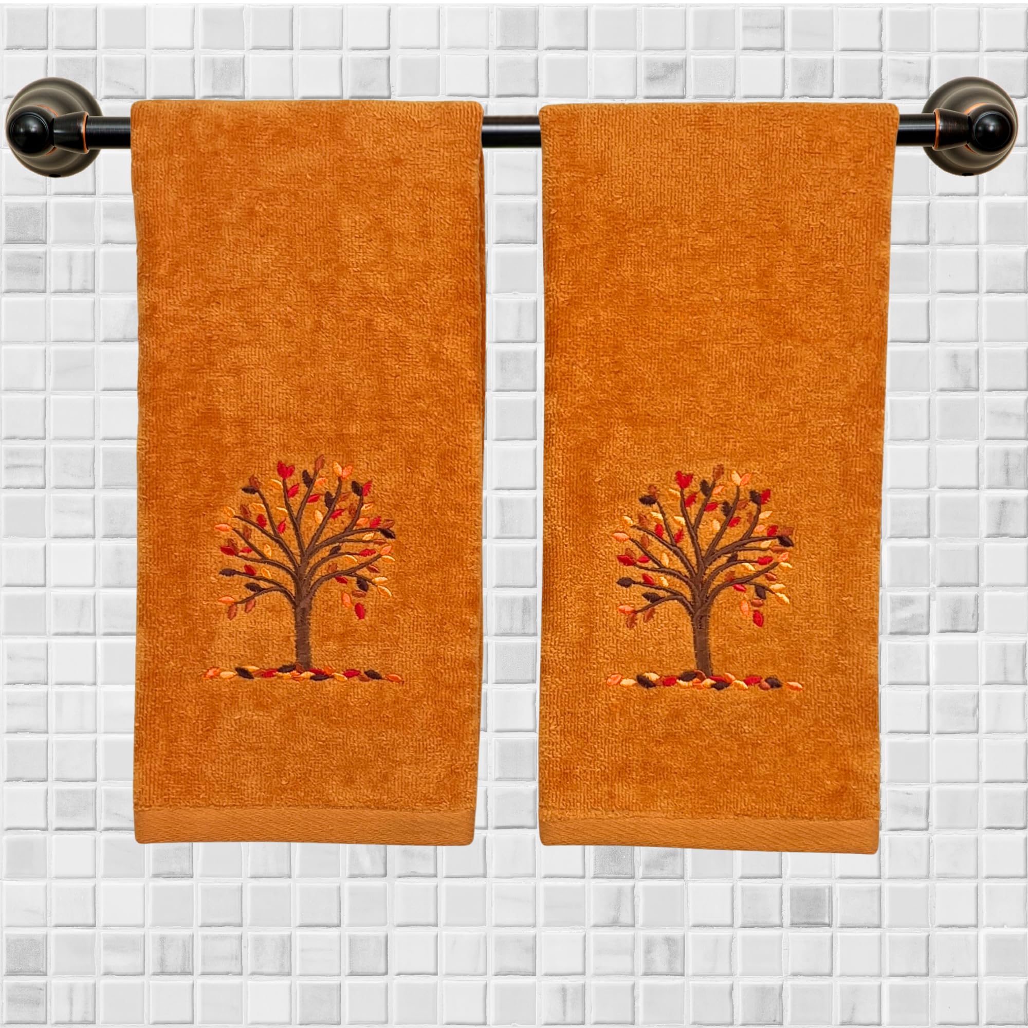 Serafina Home Fall Bath Hand Towels Bathroom Decor Farmhouse : Terracotta Rust Cotton Towels With Autumn Tree Falling Leaves 2 P