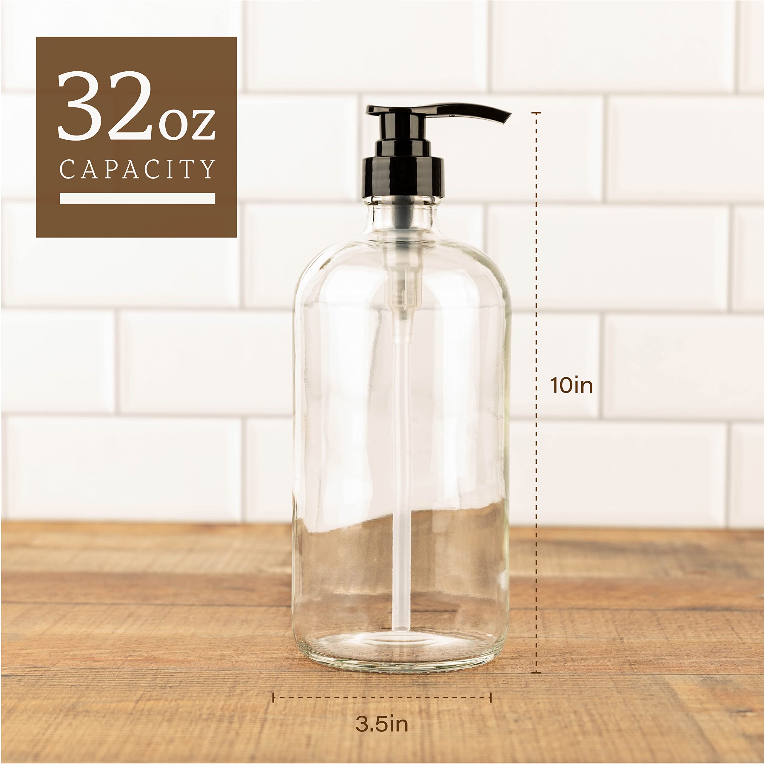 kitchentoolz 32-Ounce Pump Bottles  Large Clear Glass Boston Round Bottles w/Black Pumps. Great for Lotions  Laundry Soap Detergent  Oils  Sauces - Food Safe and Medical Grade (Pack of 2)