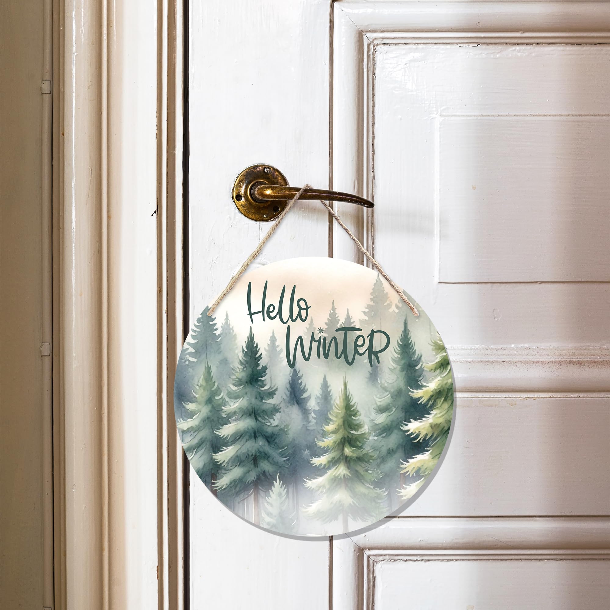 CGBHW Hello Winter Welcome Forest Wooden Sign, Winter Farmhouse Pine Trees Holiday Seasonal Decoration Hanging Sign Wall Decor,
